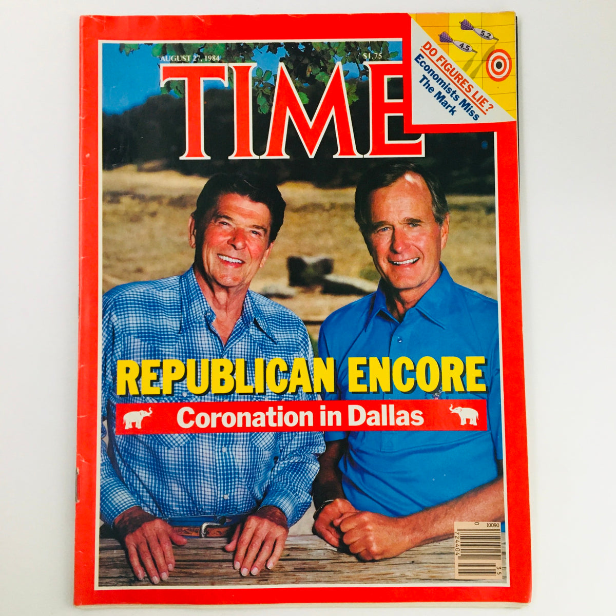 Time Magazine August 27, 1984 cover featuring Ronald Reagan and George W. Bush, highlighting Republican themes with 'Republican Encore' and 'Coronation in Dallas' captions.
