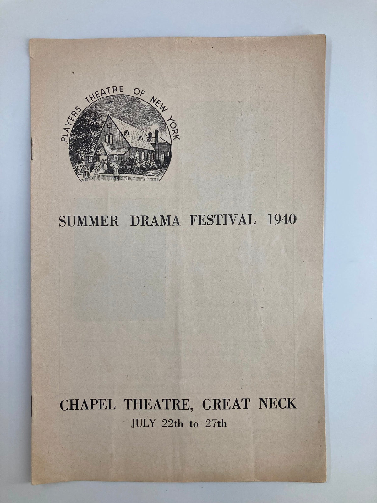 Front cover of the 1940 Summer Drama Festival Playbill featuring A Man's House, held at the Chapel Theater in Great Neck, showcasing the logo of Players Theatre of New York.