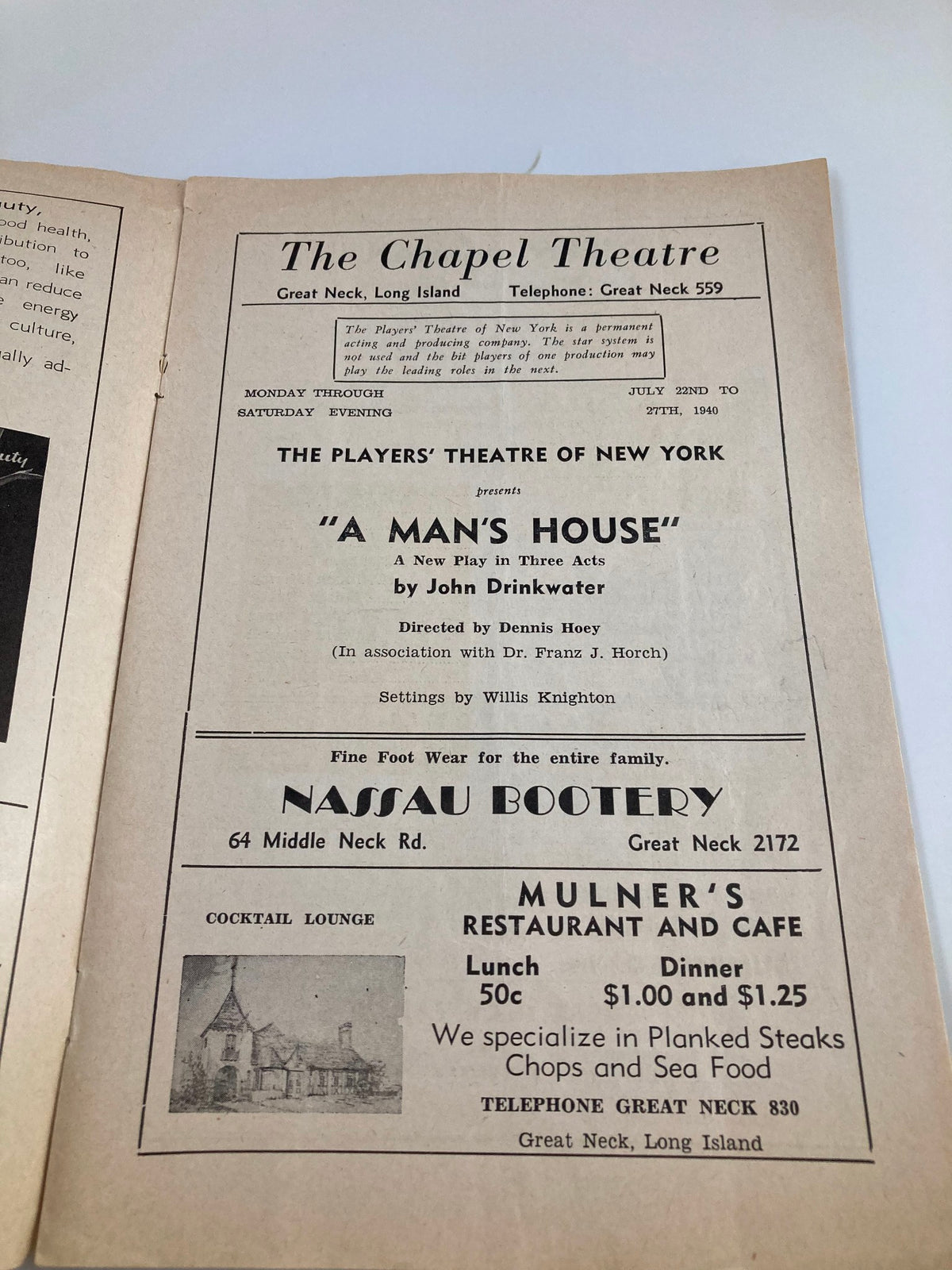 1940 Summer Drama Festival Playbill for 'A Man's House' at the Chapel Theater, featuring cast details and event specifics.