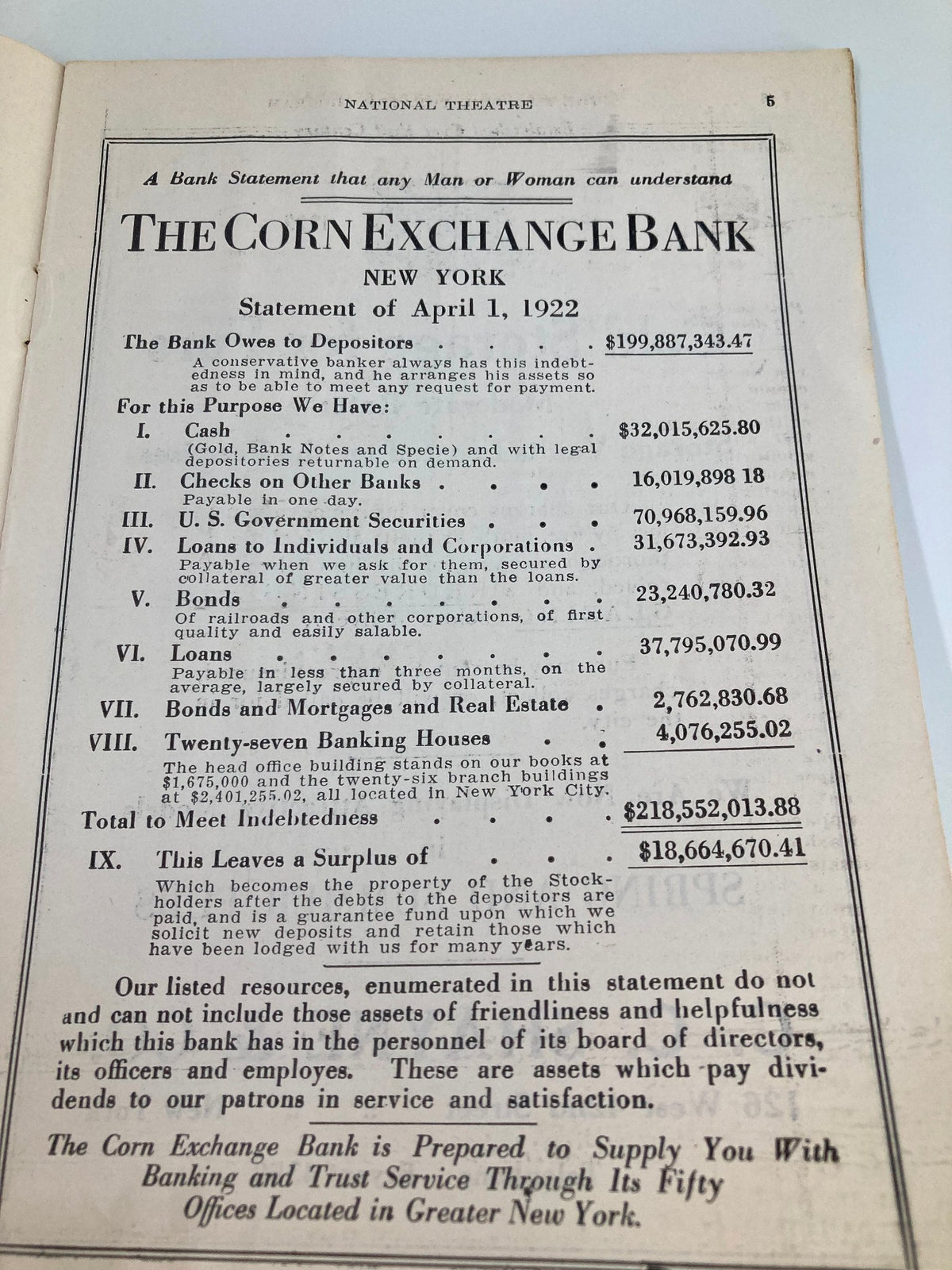 Inside page of the 1922 Walter C. Jordan's National Theatre Playbill, displaying the financial statement of The Corn Exchange Bank, illustrating historical context.