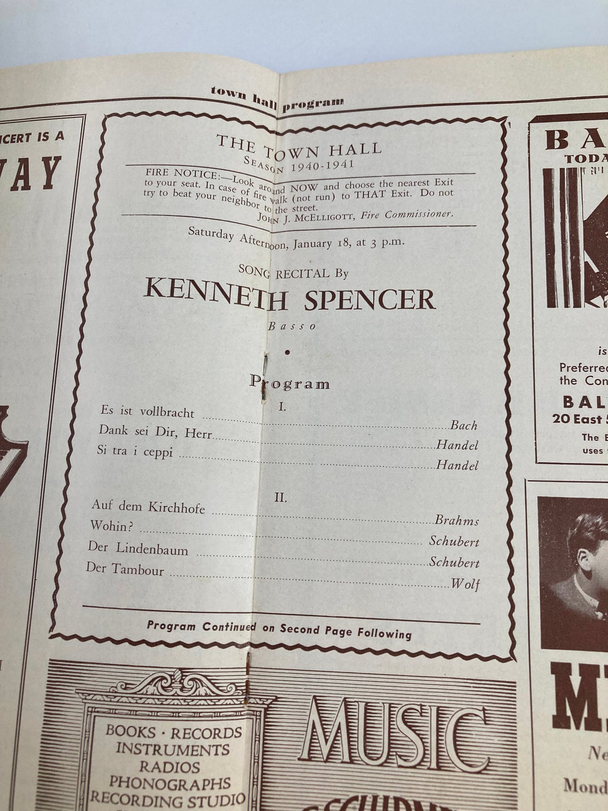 1940 The Town Hall Song Recital by Kenneth Spencer Basso program page listing songs performed by Kenneth Spencer.