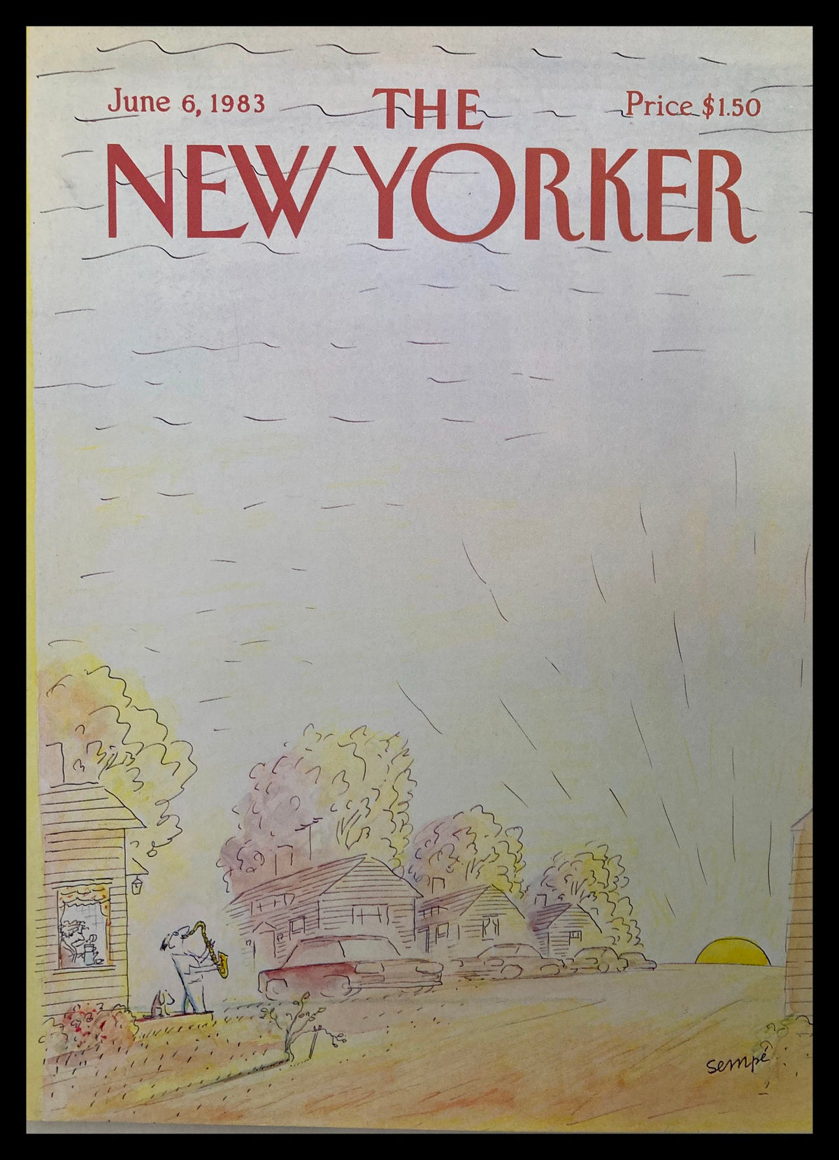 Cover of The New Yorker dated June 6, 1983, featuring the illustration "Sunrise Music" by J. J. Sempe, showcasing a whimsical scene with a saxophonist in a picturesque neighborhood at sunrise.