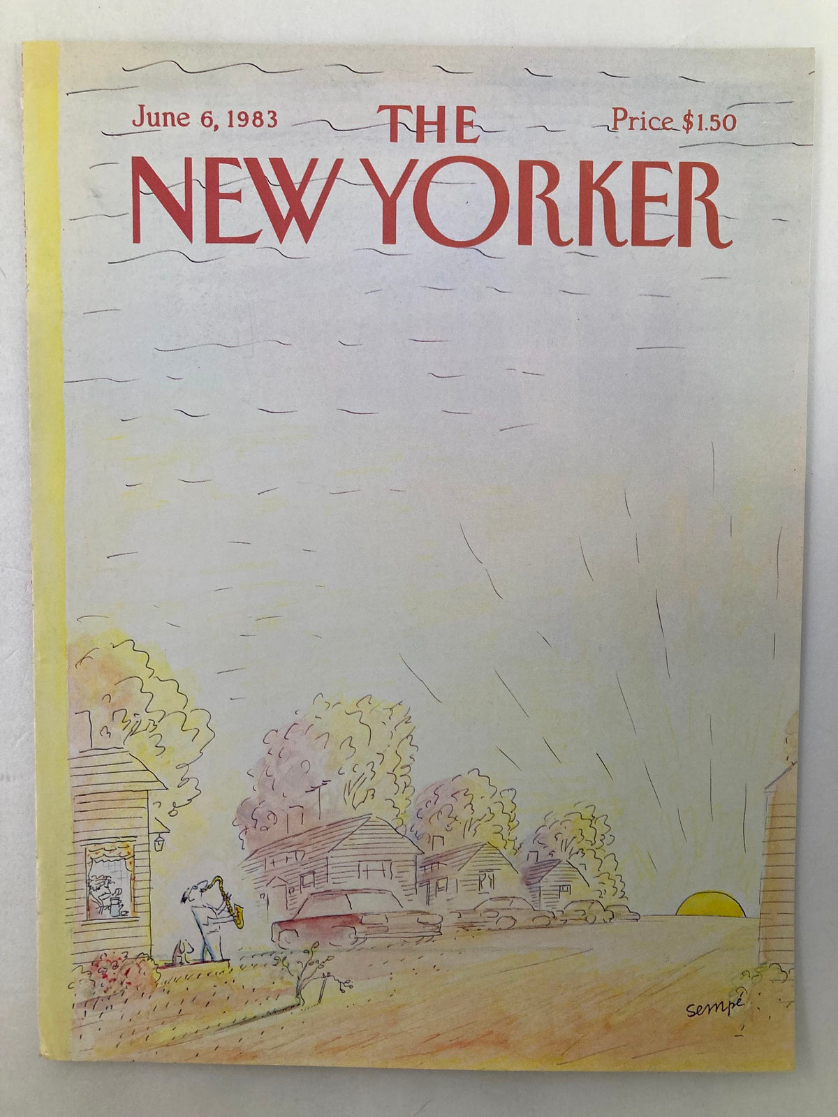 Cover of The New Yorker from June 6, 1983, titled "Sunrise Music" by J. J. Sempe, depicting a charming illustration of a saxophonist in a quaint neighborhood as the sun rises.