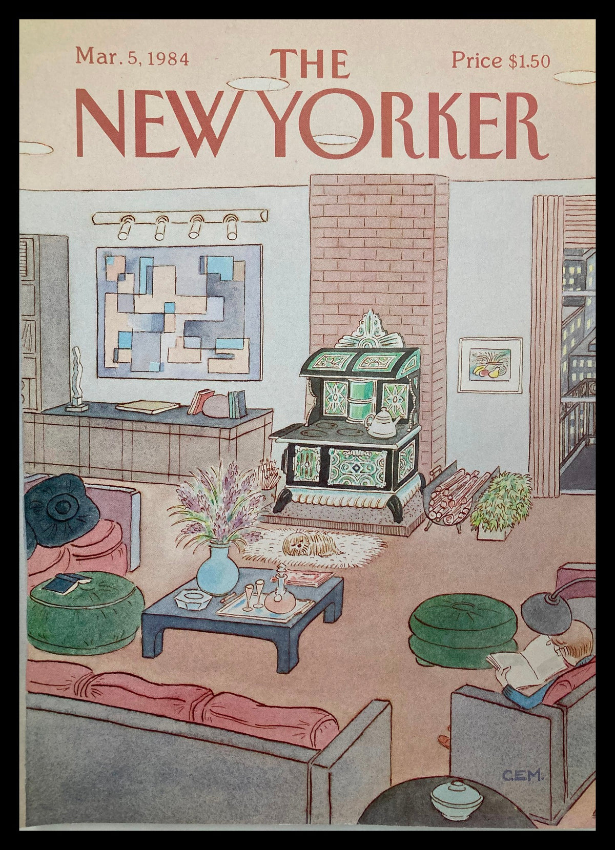 Cover of The New Yorker from March 5, 1984 titled 'Clean Living' by Charles Martin, showcasing a cozy living room interior with stylish furniture, an artistic wall painting, and a decorative stove.