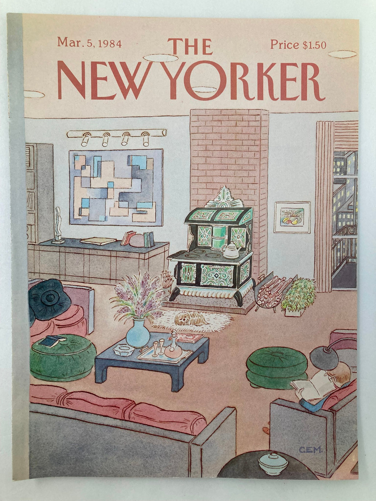 The New Yorker March 5, 1984 cover, titled 'Clean Living' by Charles Martin, depicting a charming living room scene featuring vibrant decor, green and pink upholstery, and a decorative stove.