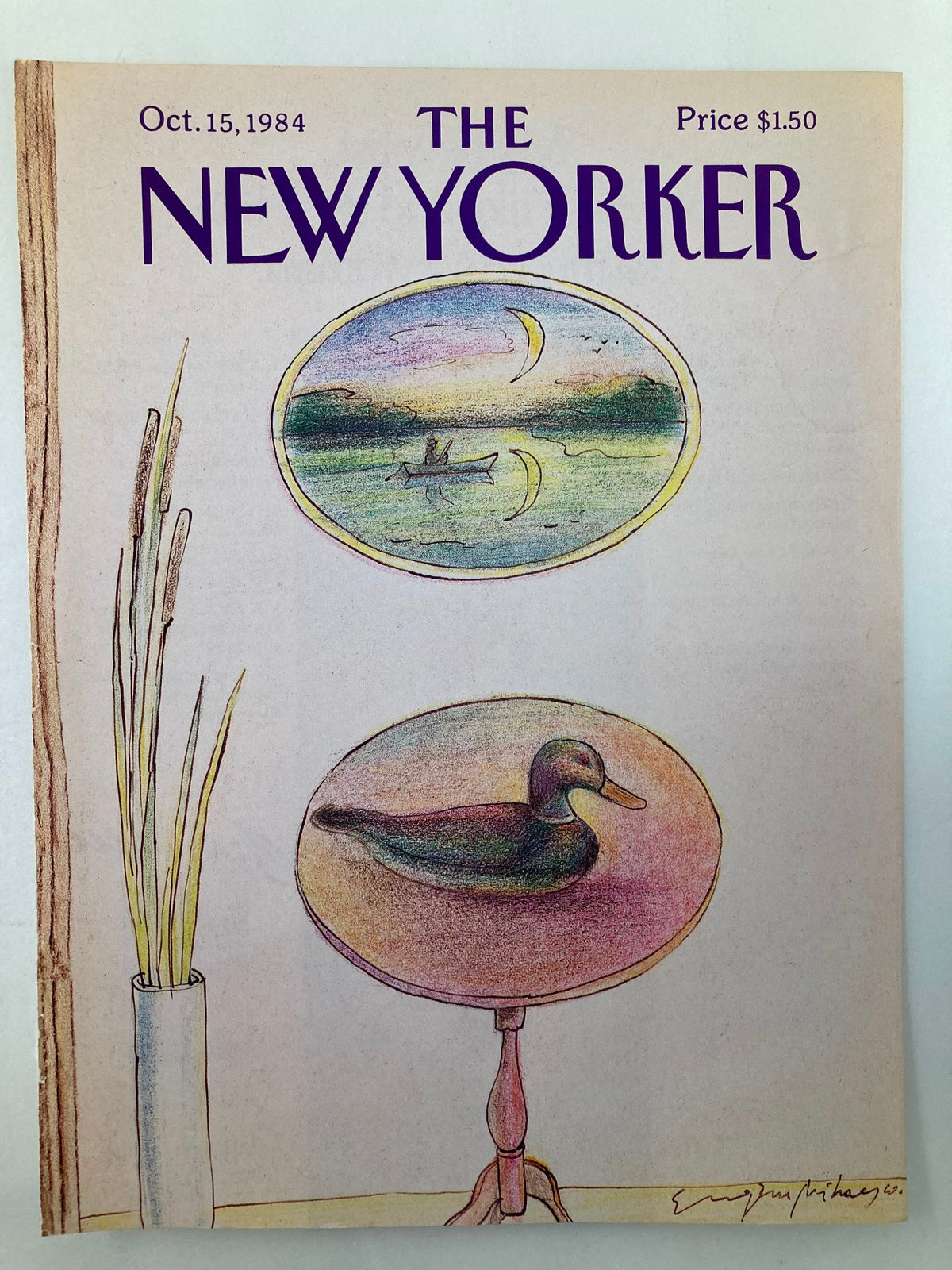 Cover only of The New Yorker, October 15, 1984 featuring a charming illustration of a duck on a pedestal table by Eugene Mihaesco. The magazine highlights a serene landscape in the background with a boat on water, showcasing artistic whimsy reflective of the era.
