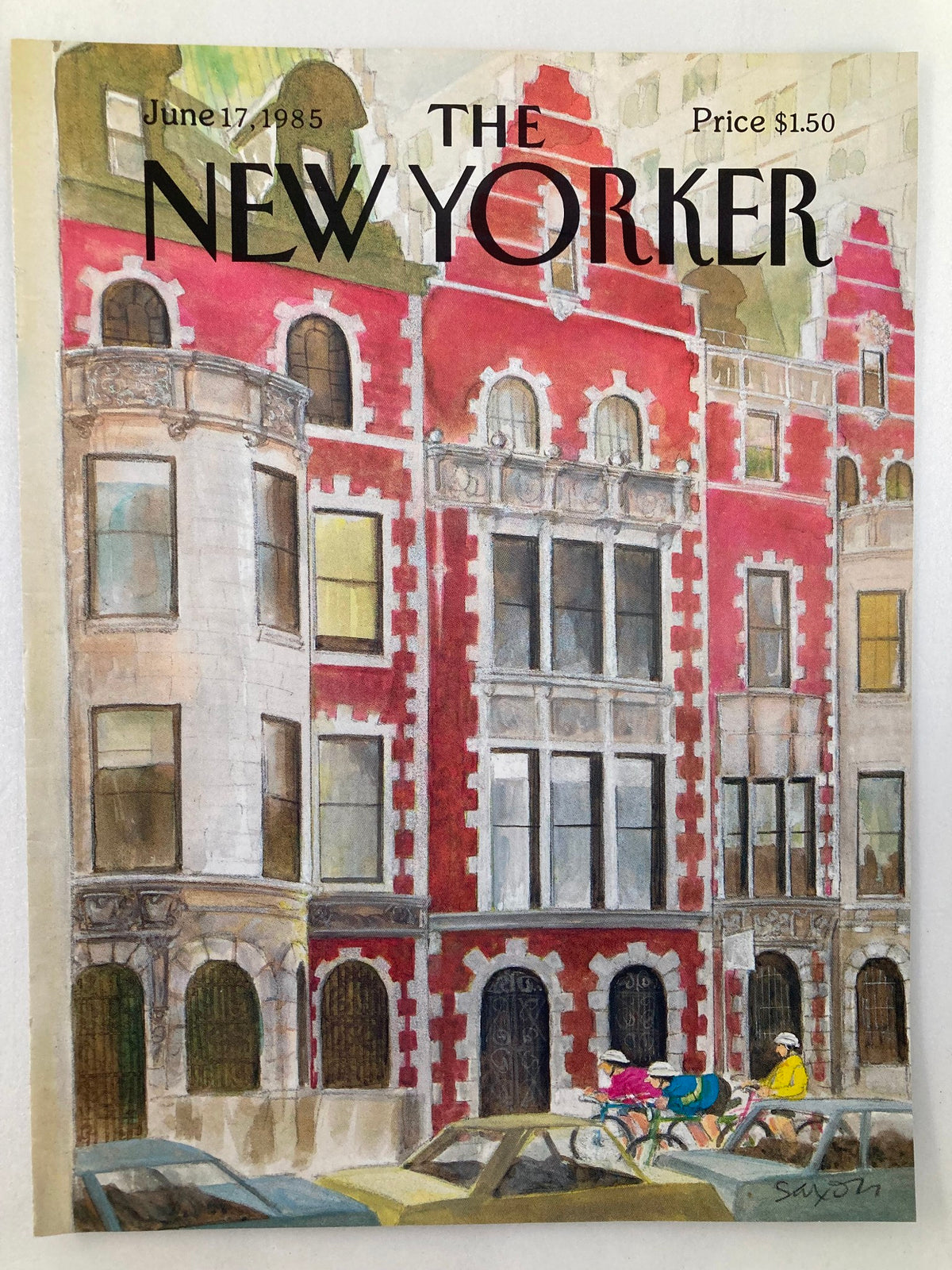The New Yorker June 17 1985 cover showcasing a colorful depiction of urban life with cyclists and historical buildings, illustrated by Charles Saxon.