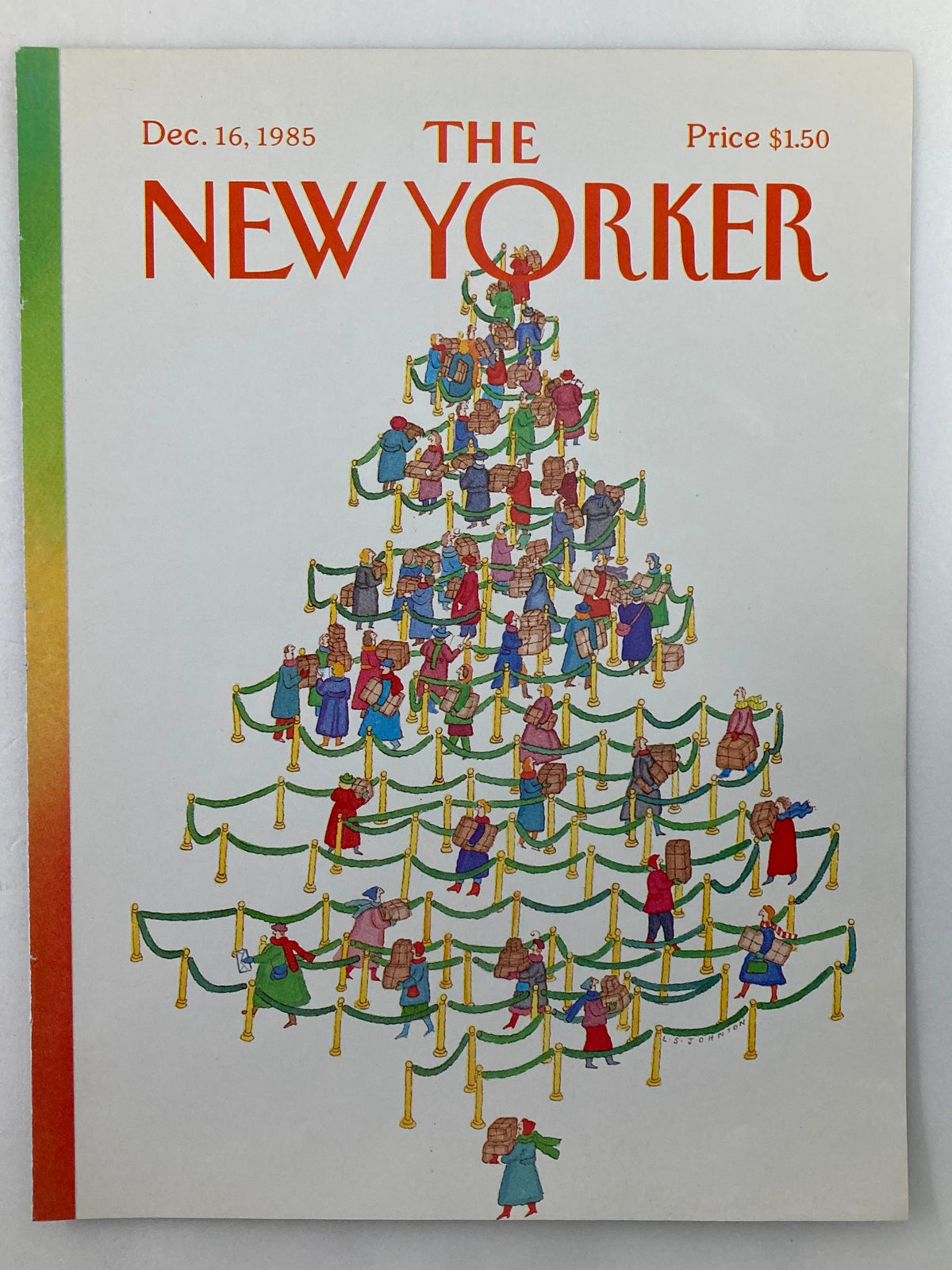 The New Yorker cover dated December 16, 1985, showcasing 'Fall in Line' by L.S. Johnson, depicting a festive scene with numerous figures in vibrant attire resembling a Christmas tree, with barriers and gifts, capturing holiday spirit.