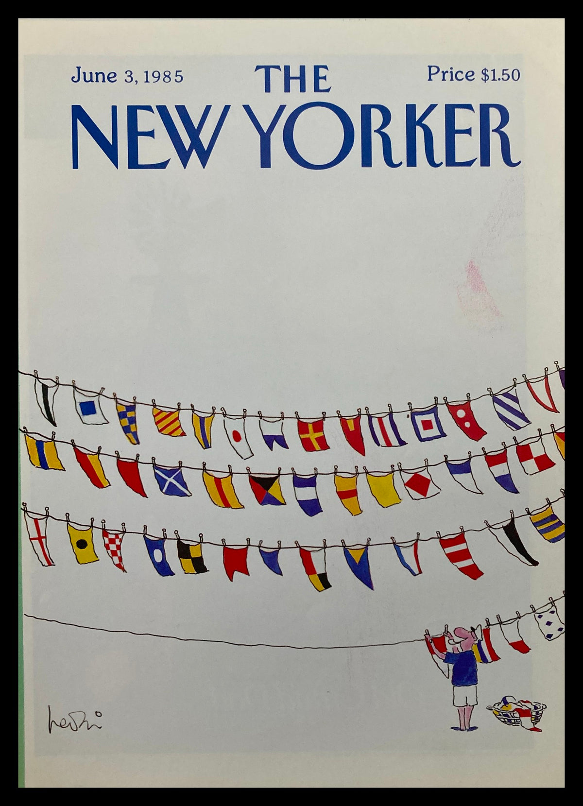 Cover of The New Yorker June 3, 1985 featuring artwork 'Flags' by Heidi Goennel, displaying various international flags hanging in lines with a cartoonish character in the foreground.