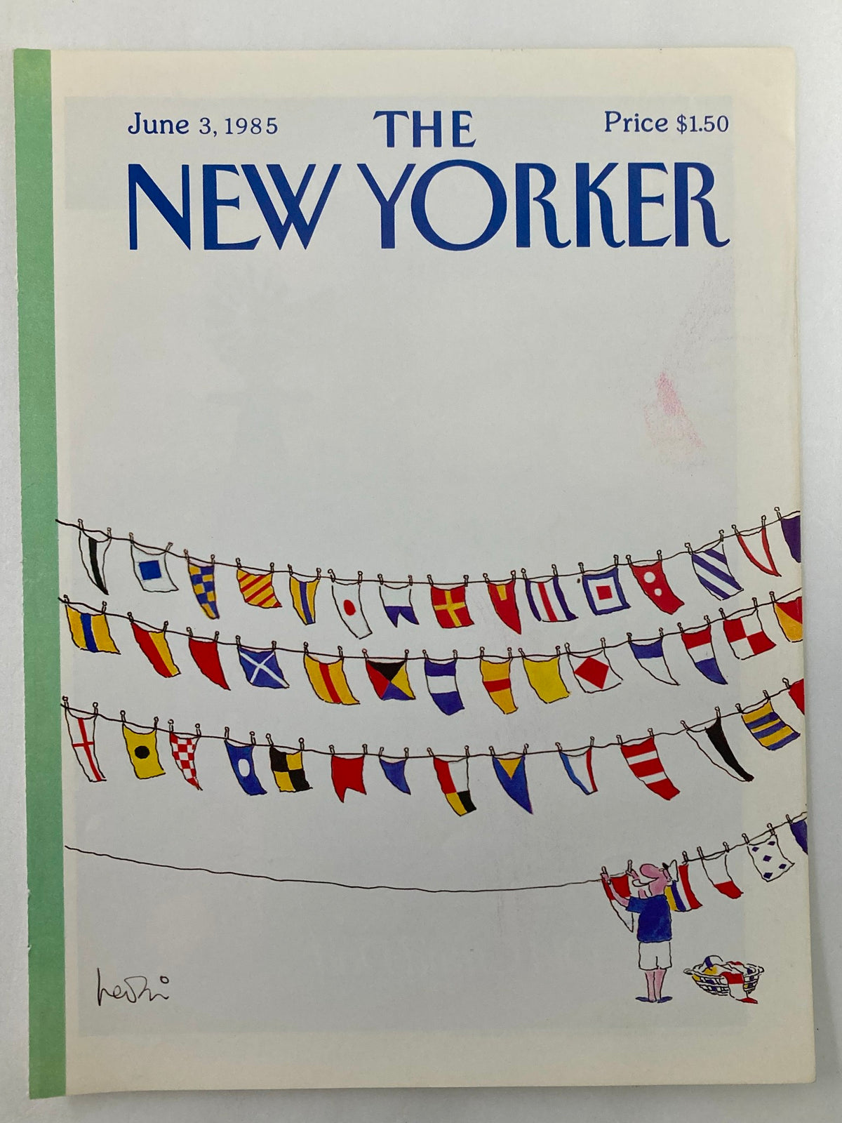 Cover of The New Yorker June 3, 1985 by Heidi Goennel showing vibrant flags on display, with a character below gathering flags, indicative of the humor and artistic style of the magazine.