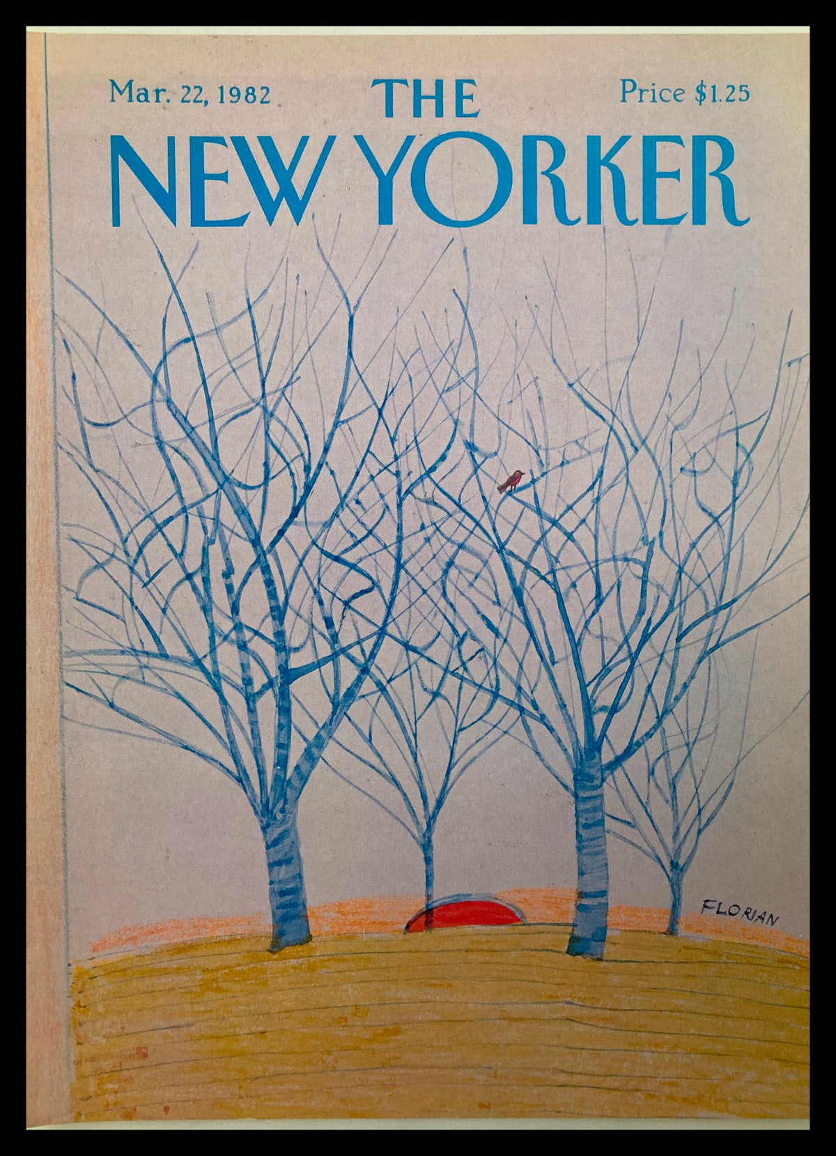 The New Yorker Cover dated March 22, 1982, featuring a whimsical camping scene illustrated by Douglas Florian, showcasing vibrant trees and a hint of a red tent, perfect for collectors and enthusiasts of vintage magazine art.