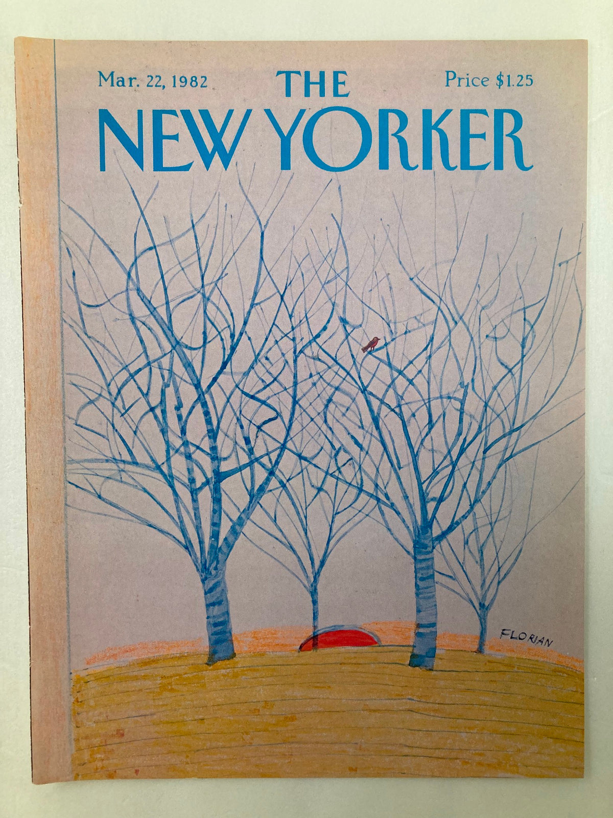 Cover of The New Yorker dated March 22, 1982, featuring a camping scene illustrated by Douglas Florian, showcasing trees and a red camping item in a serene outdoor setting.