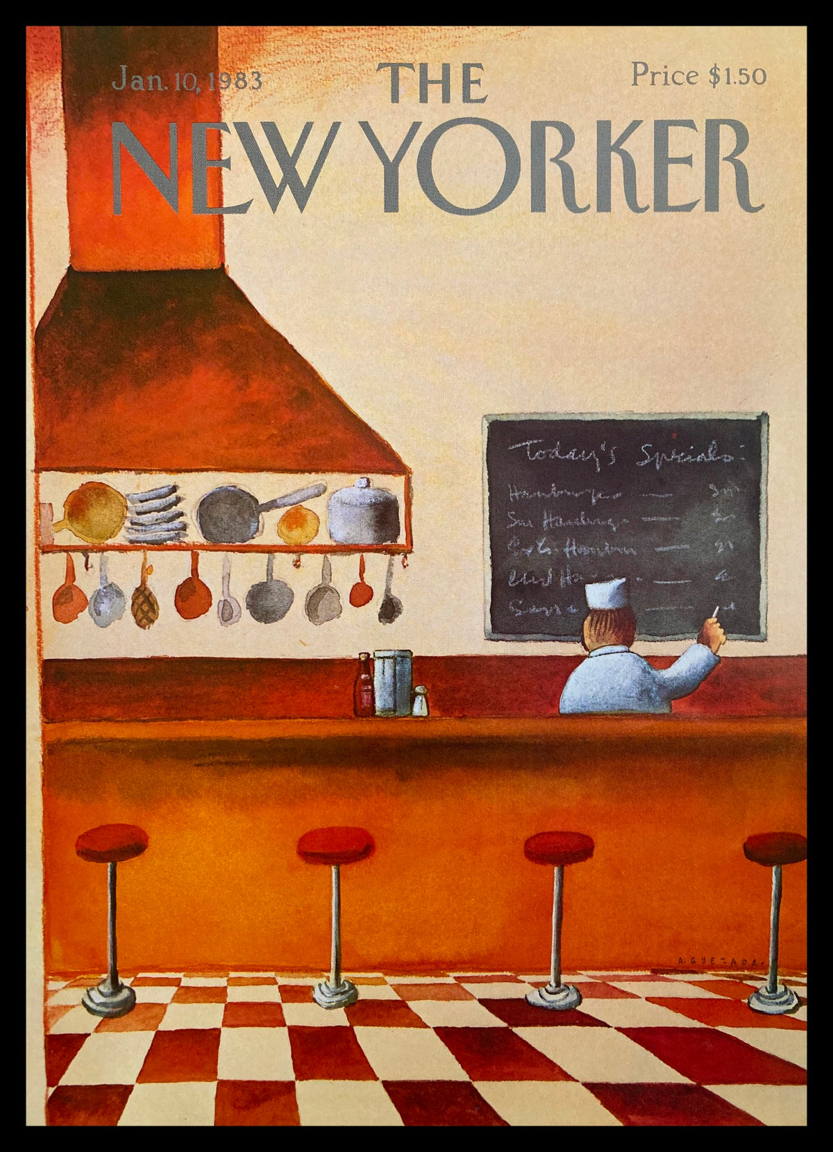 Cover of The New Yorker January 10 1983, titled 'Today's Specials' by A. Quezada, featuring a cozy kitchen scene with red stools and chalkboard specials.