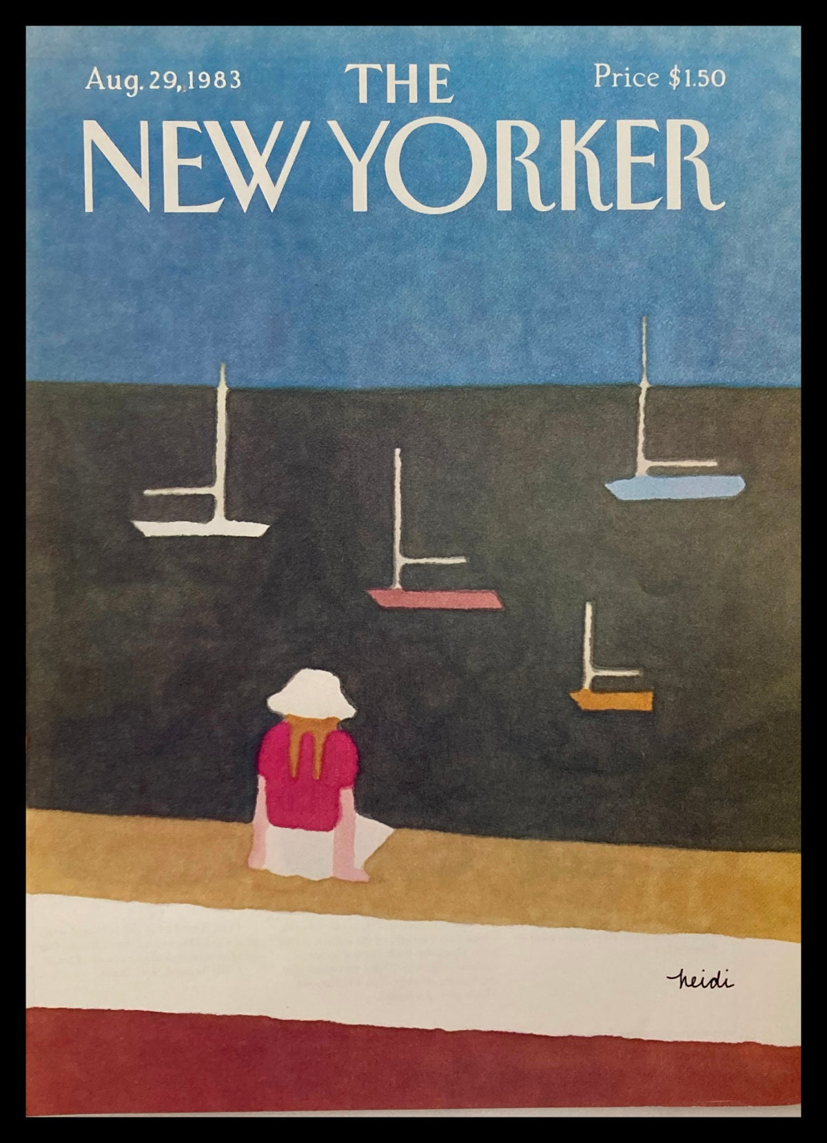 Cover of The New Yorker dated August 29, 1983, featuring a sail viewer illustration by Heidi Goennel, showcasing a calm harbor scene with colorful boats, capturing the artistic essence of the magazine.