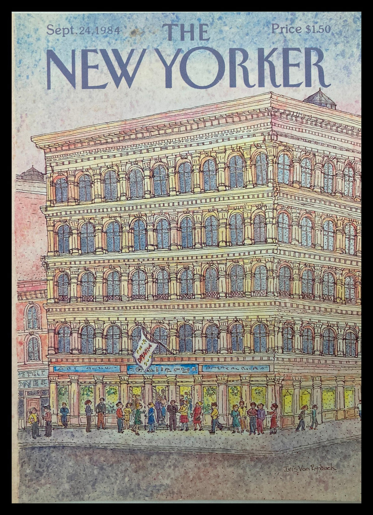Cover of The New Yorker September 24 1984 titled 'Opening Soon' by Rynbach, featuring a colorful illustration of a historic building and a crowd gathered outside.