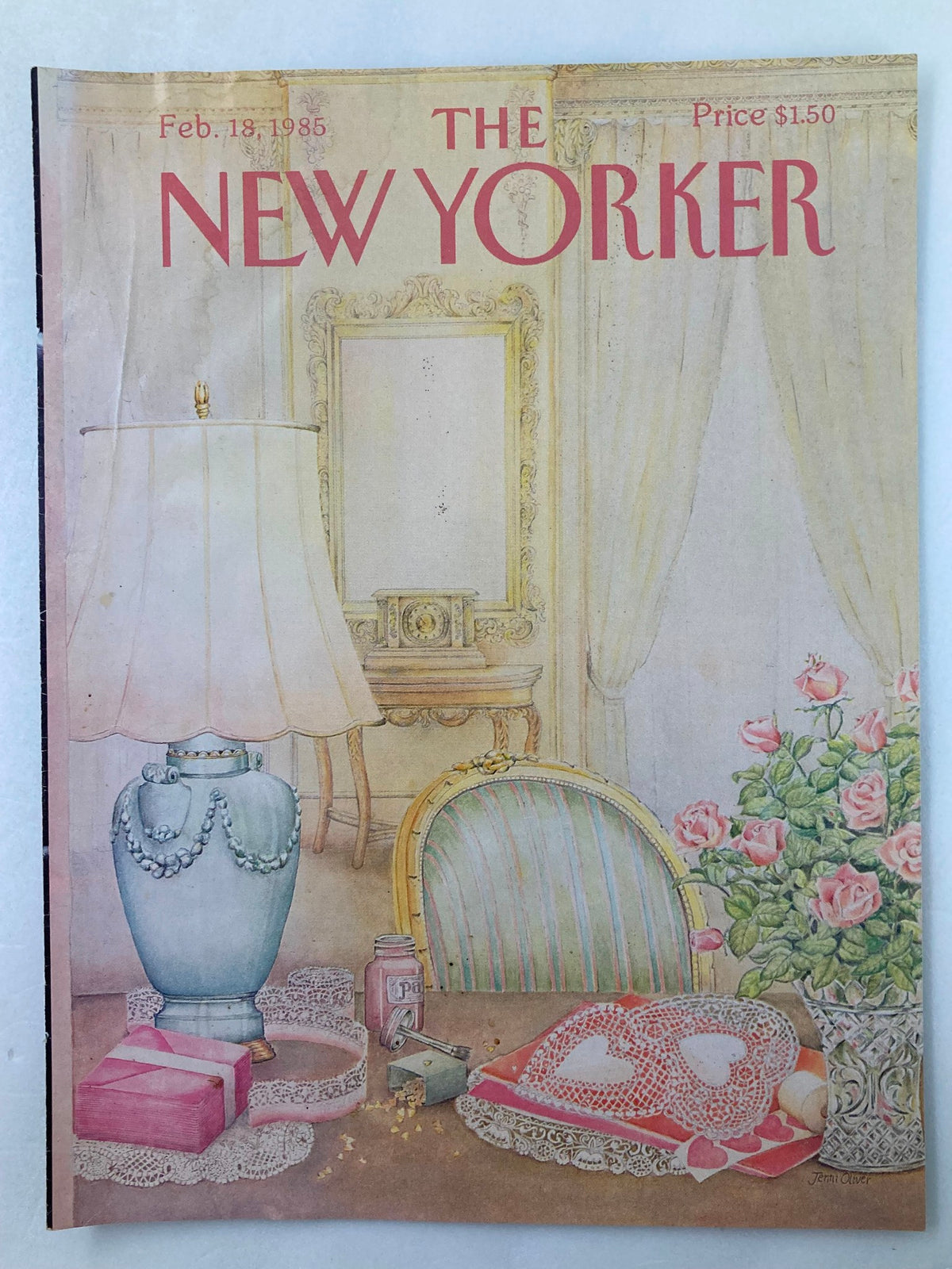 COVER ONLY The New Yorker February 16 1985 Beauty Routine by J. Oliver, showcasing a charming illustration of a lamp, flowers, and elegant decor.