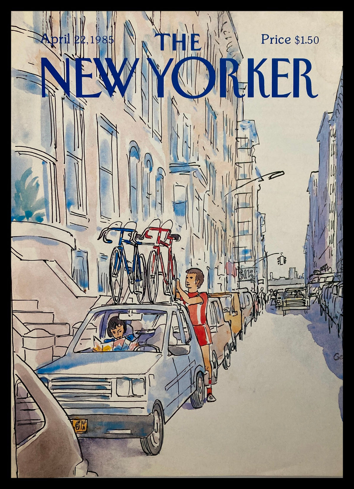 The New Yorker cover from April 22, 1985, titled 'Couple Cycle' by Arthur Getz, featuring a street scene with a blue car, a child reading, and bicycles on the roof, reflecting mid-1980s artistic trends.