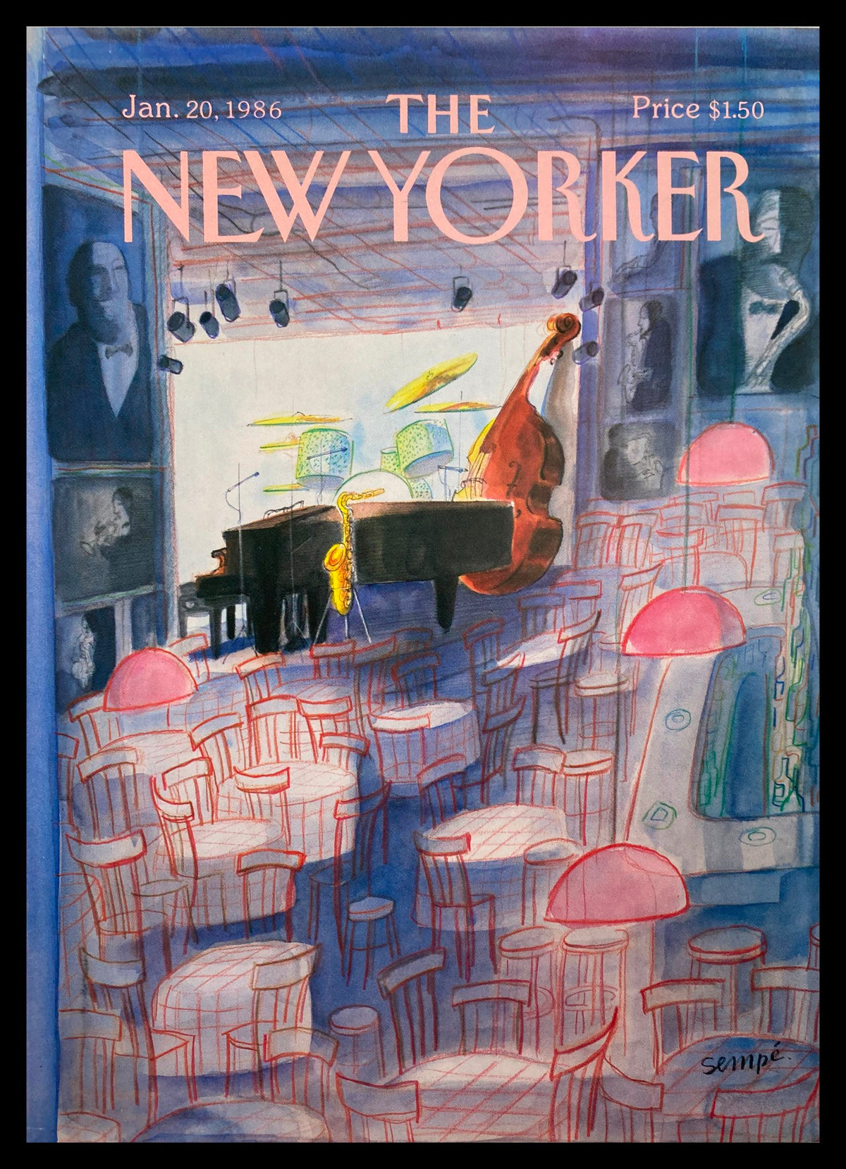 Cover of The New Yorker dated January 20, 1986, featuring whimsical artwork by J. J. Sempe, illustrating a jazz night scene with a piano, bass, and empty tables.