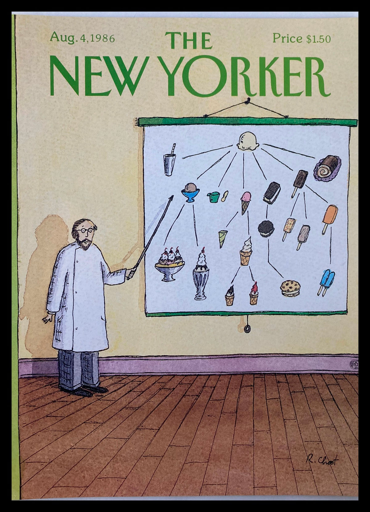 The New Yorker cover August 4, 1986 titled 'Sweet Lesson' by Roz Chast, featuring a whimsical illustration of a man in a lab coat presenting various ice cream desserts on a projector screen.