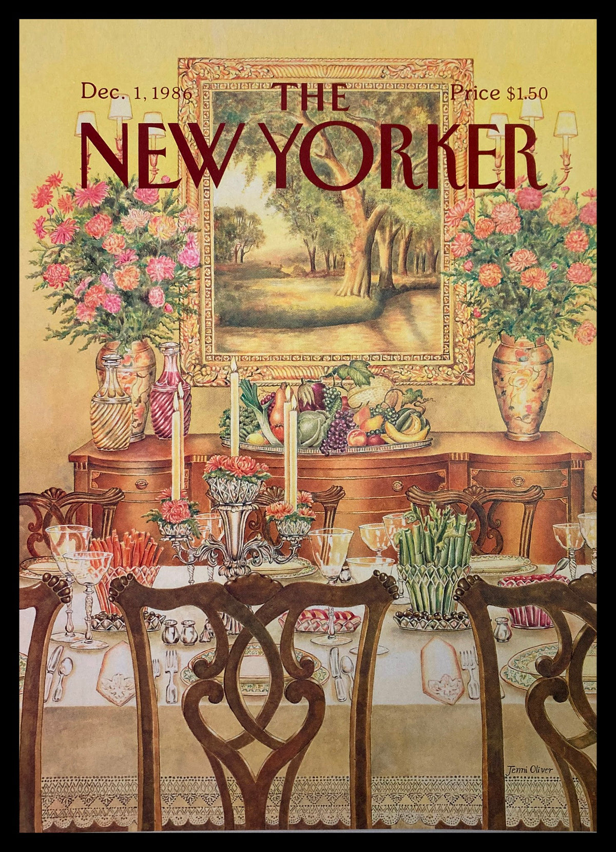 Cover only of The New Yorker dated December 1, 1986 featuring artwork titled "Fancy Dinner" by Jenni Oliver, depicting an elegant dining table set with a floral centerpiece and vintage decor.