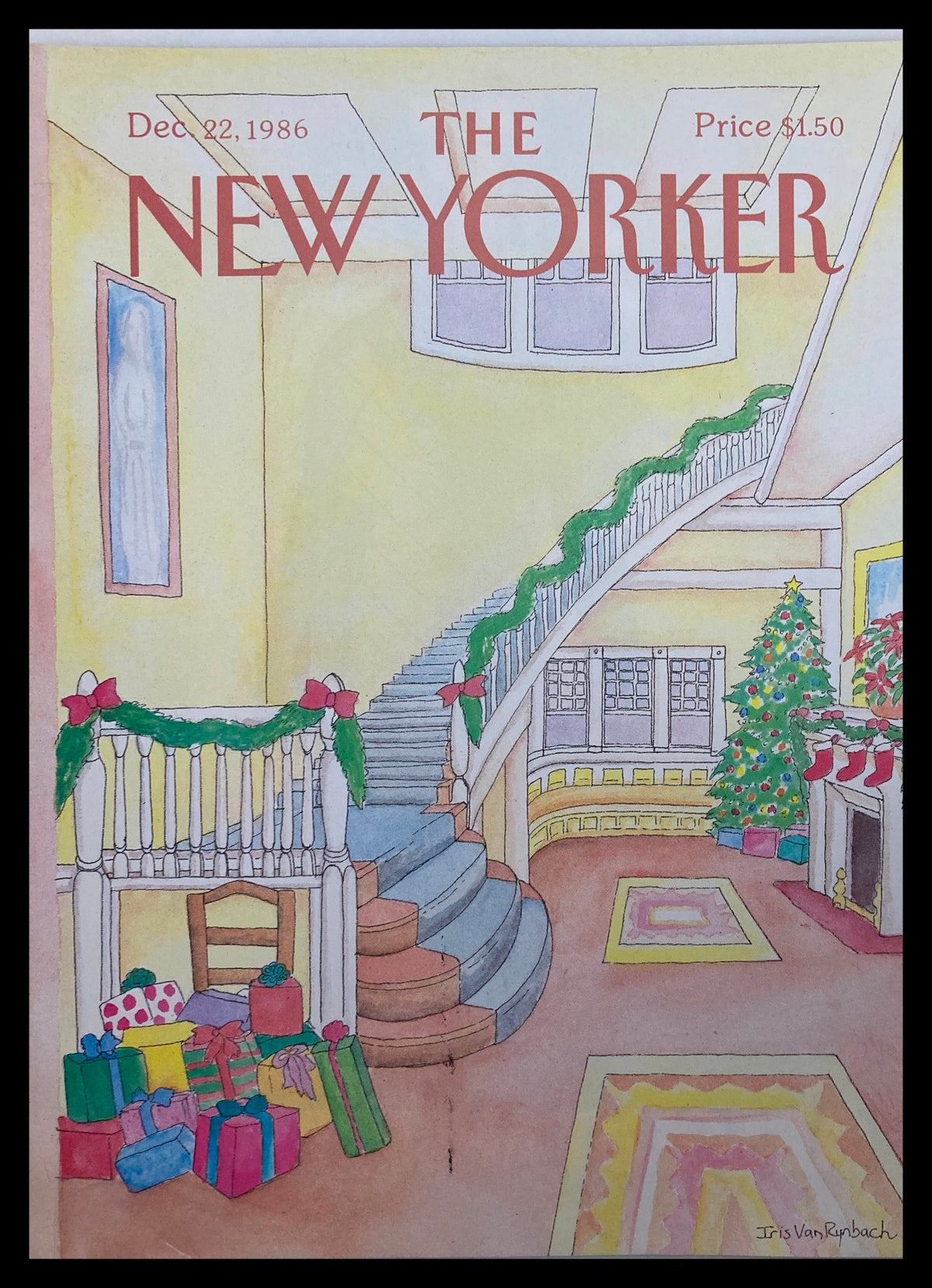 The New Yorker December 22 1986 Holiday Spirit cover featuring a beautifully illustrated interior scene with a staircase, Christmas decorations, and gifts, created by artist I. Rynbach.