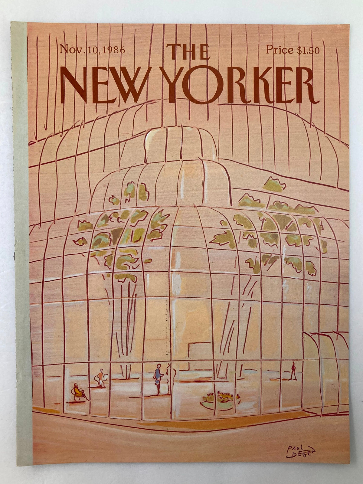 The New Yorker November 10 1986 cover showcasing an artistic depiction of a glass building, illustrated by P. Degen, highlighting vibrant colors and detailed architectural features.