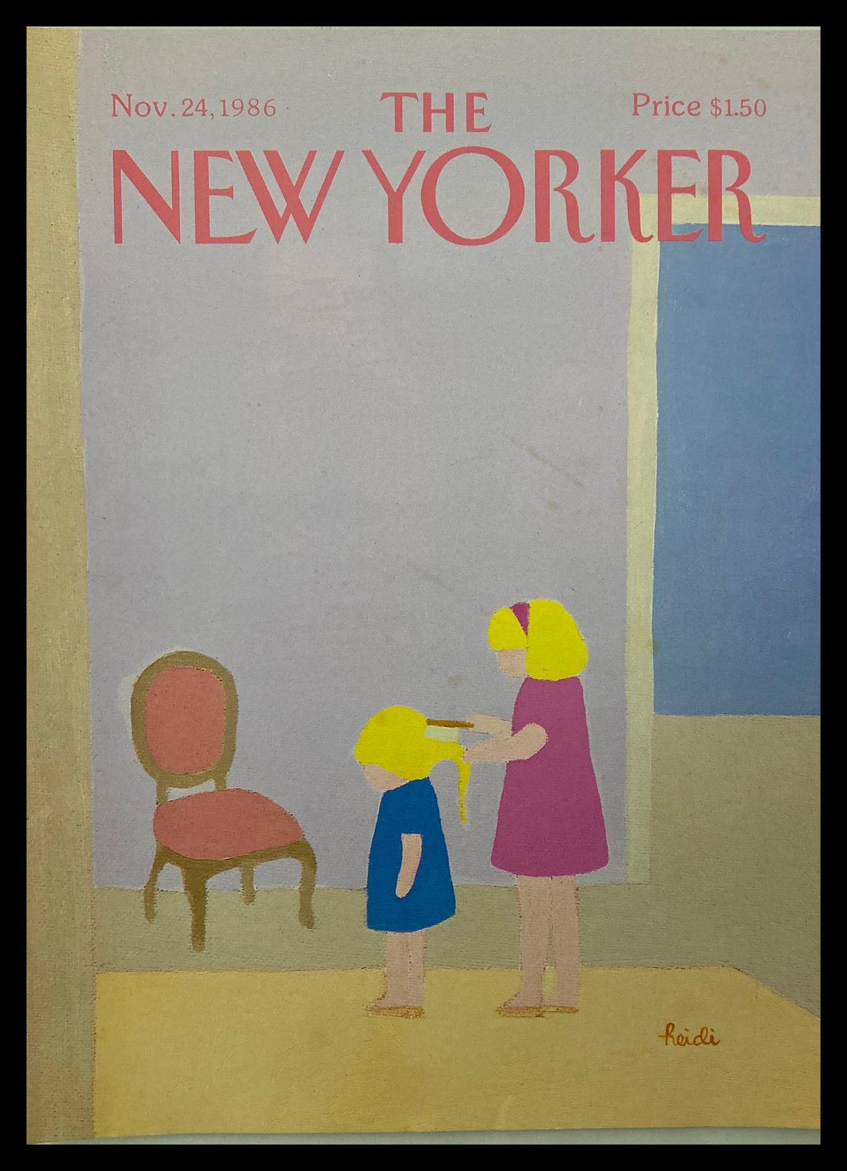 Cover of The New Yorker from November 24, 1986, featuring a whimsical illustration titled 'Goldilocks' by Heidi Goennel, depicting two young girls, one styling the hair of the other, set against a minimalistic background.