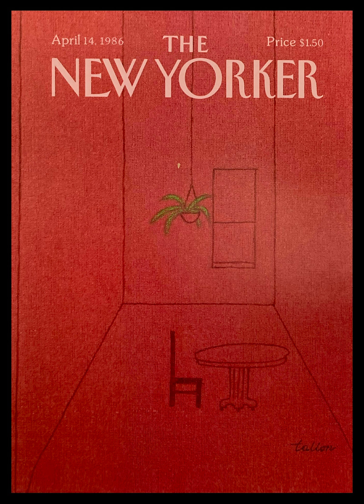 Cover of The New Yorker April 14 1986 featuring 'Red Room' by Robert Tallon, showcasing a red interior with a chair and table design.