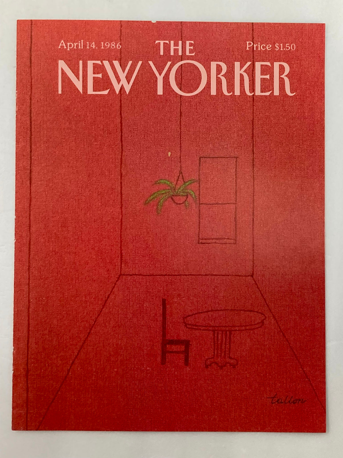 Cover of The New Yorker April 14 1986 titled 'Red Room' by Robert Tallon, illustrating a simplistic red room with minimal furniture.