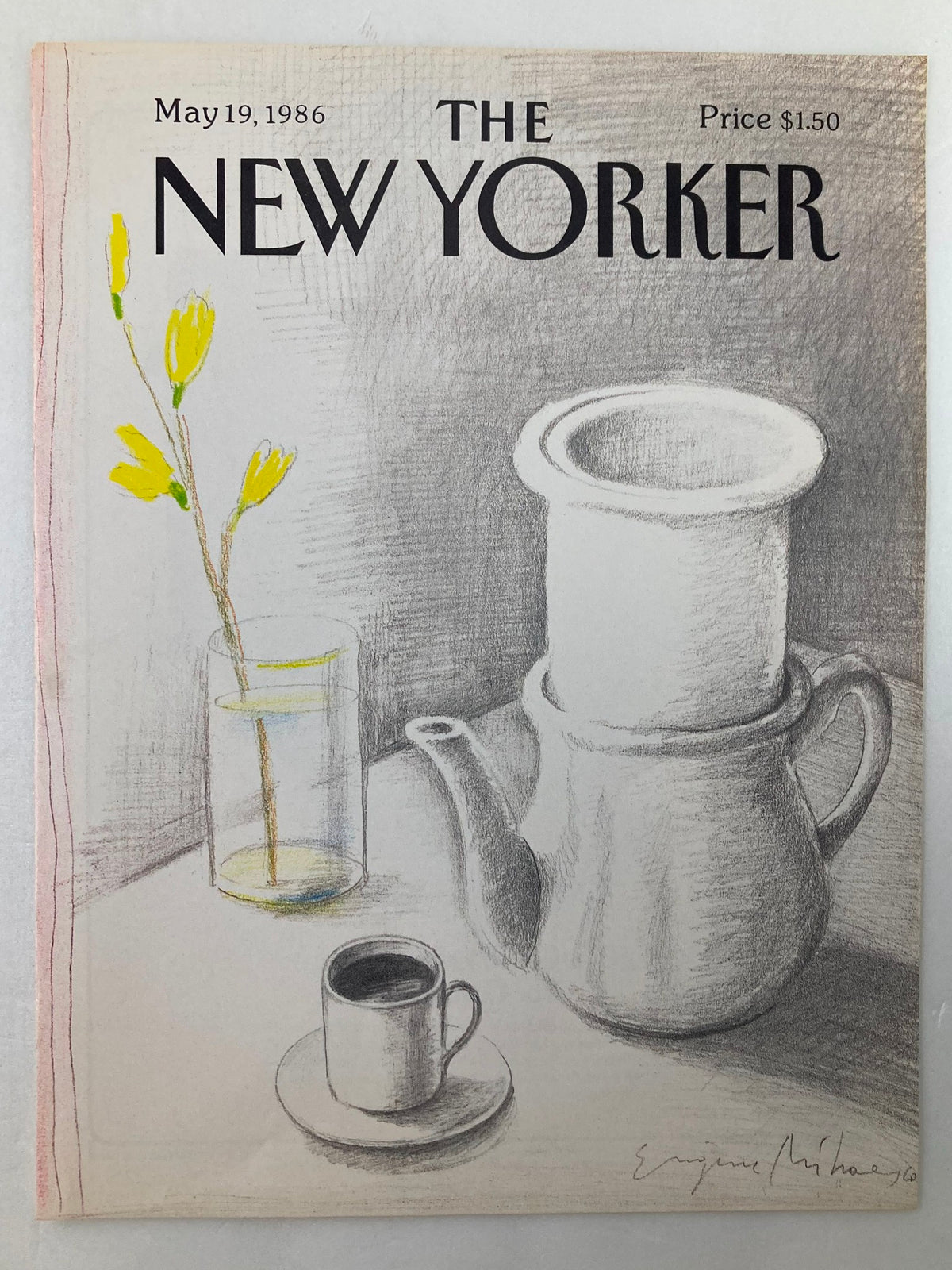 COVER ONLY The New Yorker May 19 1986 Coffee Time by Eugene Mihaesco, showcasing an artistic illustration of a teapot and coffee cup with flowers, ideal for home decor.