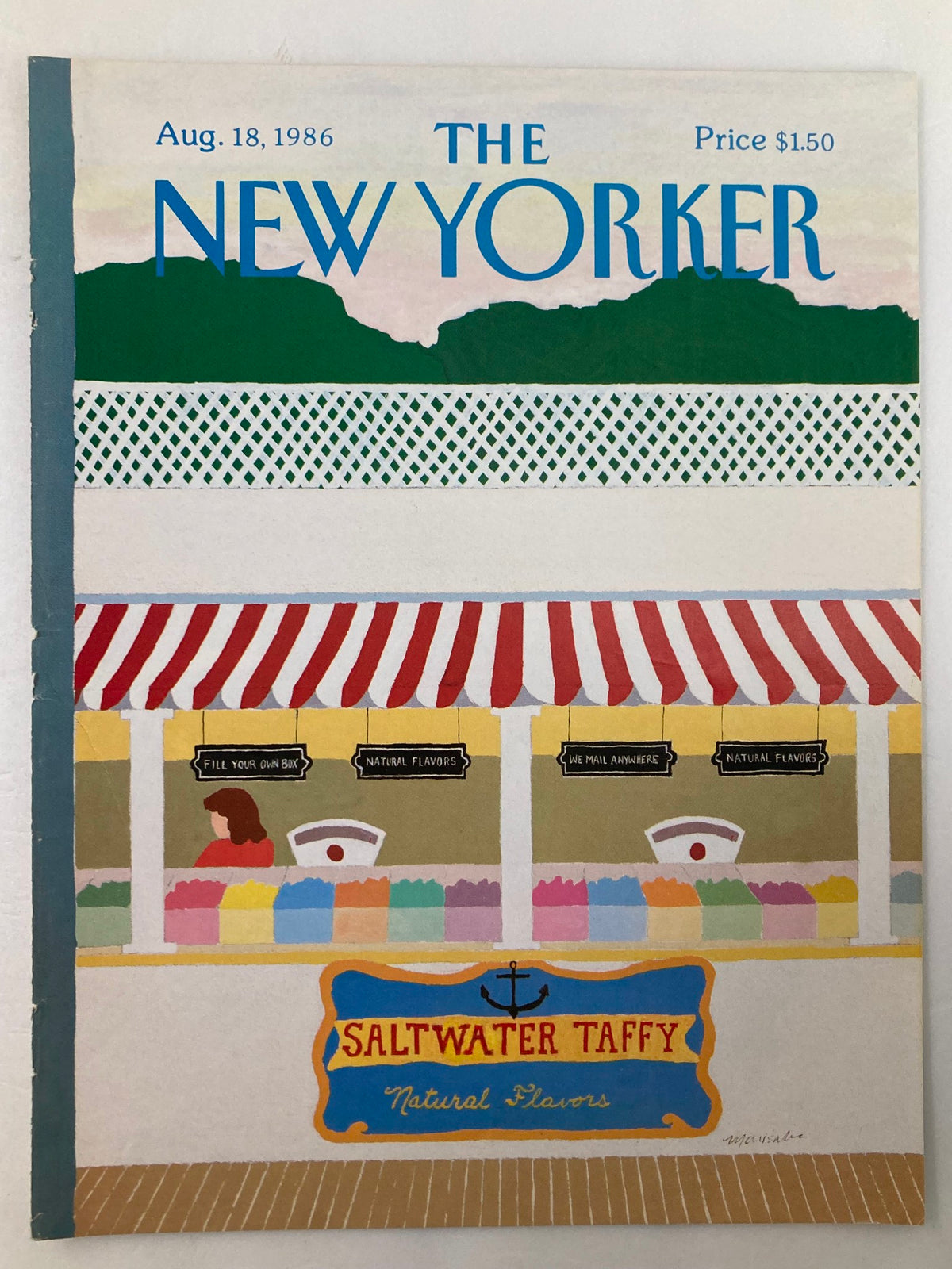 Cover of The New Yorker magazine, August 18, 1986, showcasing 'Saltwater Taffy' by Marisabina, with a whimsical depiction of a candy stand, featuring playful signage and vibrant candy options.