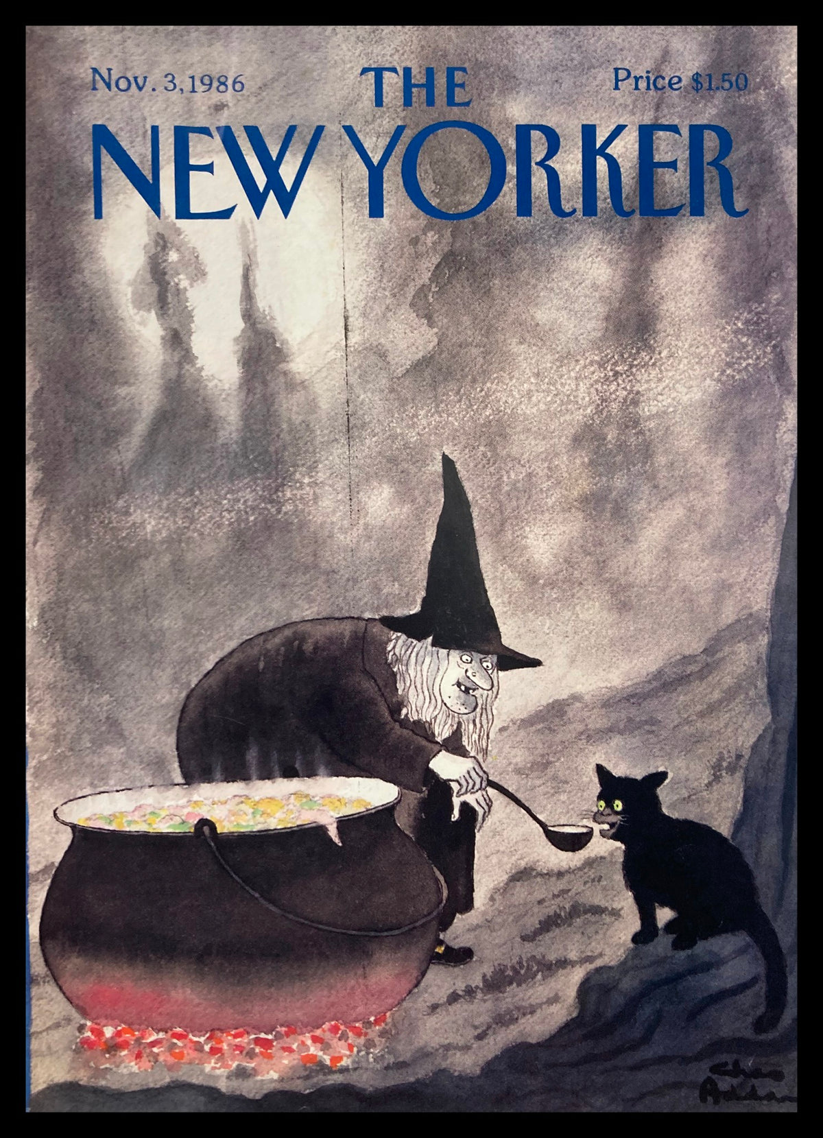 Vintage magazine cover from The New Yorker dated November 3, 1986, featuring whimsical artwork by Chas Addams, titled 'Witch Food'. The illustration depicts a witch stirring a pot with a black cat nearby, showcasing dark humor and Halloween themes.
