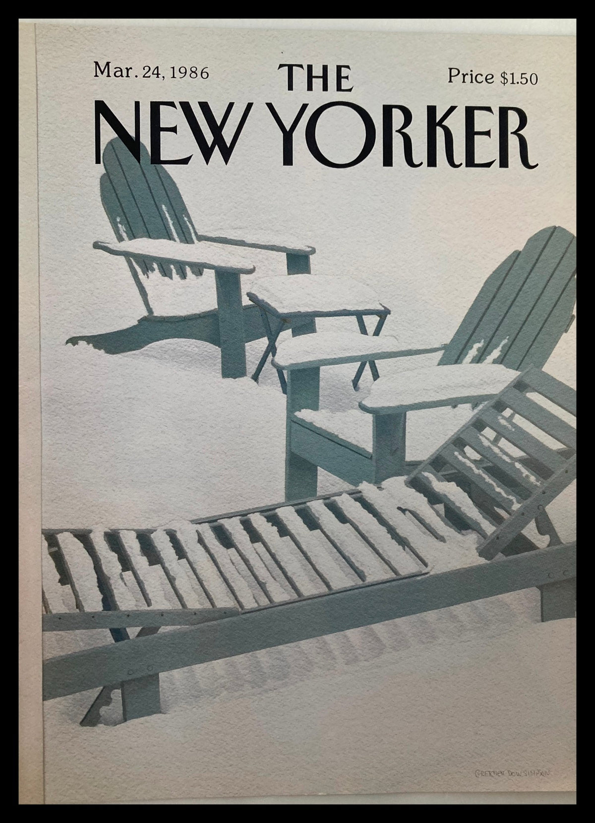 COVER ONLY The New Yorker March 24 1986 Snow Chair by Gretchen Simpson, showcasing an illustration of snow-covered chairs in winter scenery, emphasizing classic elegance.