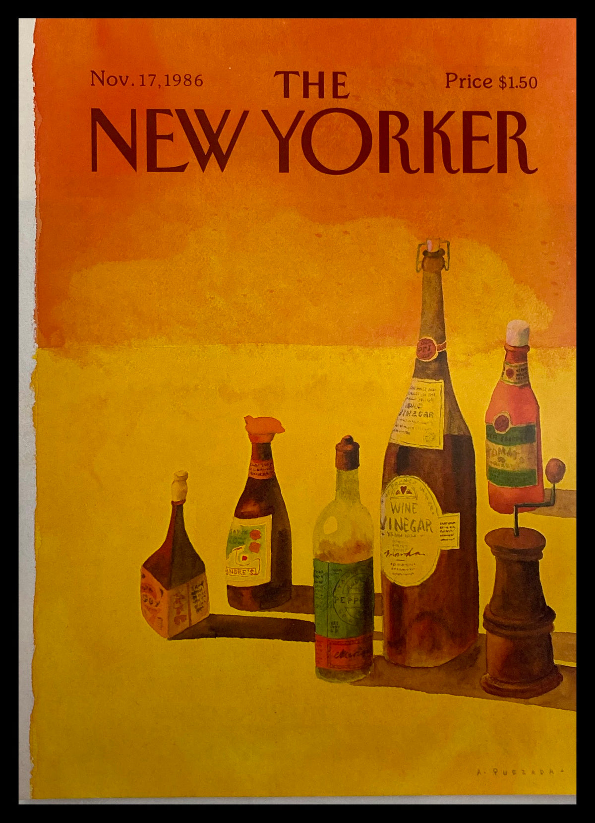 Cover of The New Yorker magazine from November 17, 1986, featuring an illustration by Abel Quezada depicting various bottles including wine vinegar, set against a warm orange background.