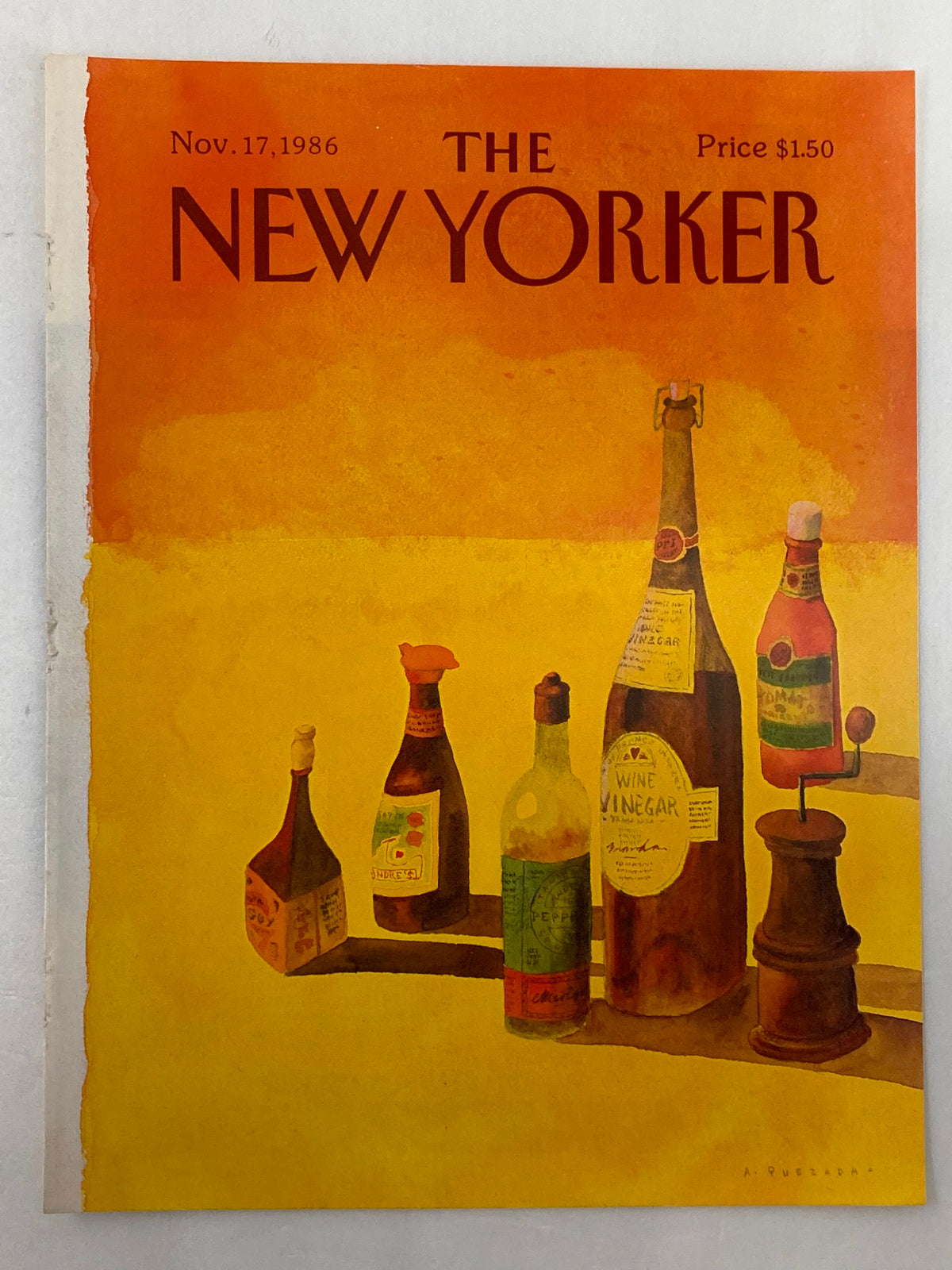 Cover of The New Yorker magazine from November 17, 1986, titled 'Wine Vinegar' by Abel Quezada, featuring a colorful illustration of various vinegar bottles, perfect for collectors and art enthusiasts.