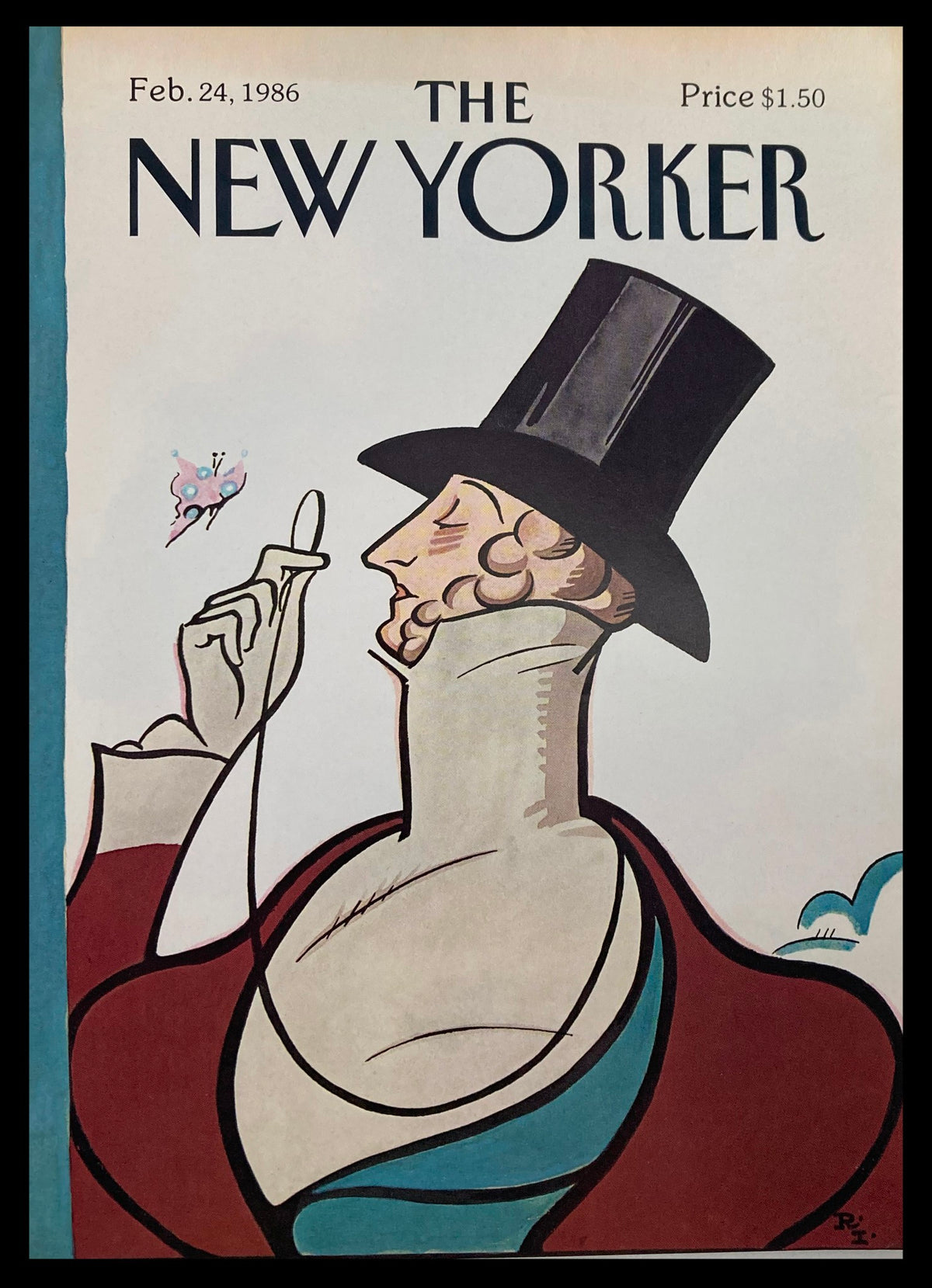 Vintage magazine cover of The New Yorker from February 24, 1986, featuring the illustration 'Eustace' by Rea Irvin, showcasing a suave man in a top hat and elegant attire.