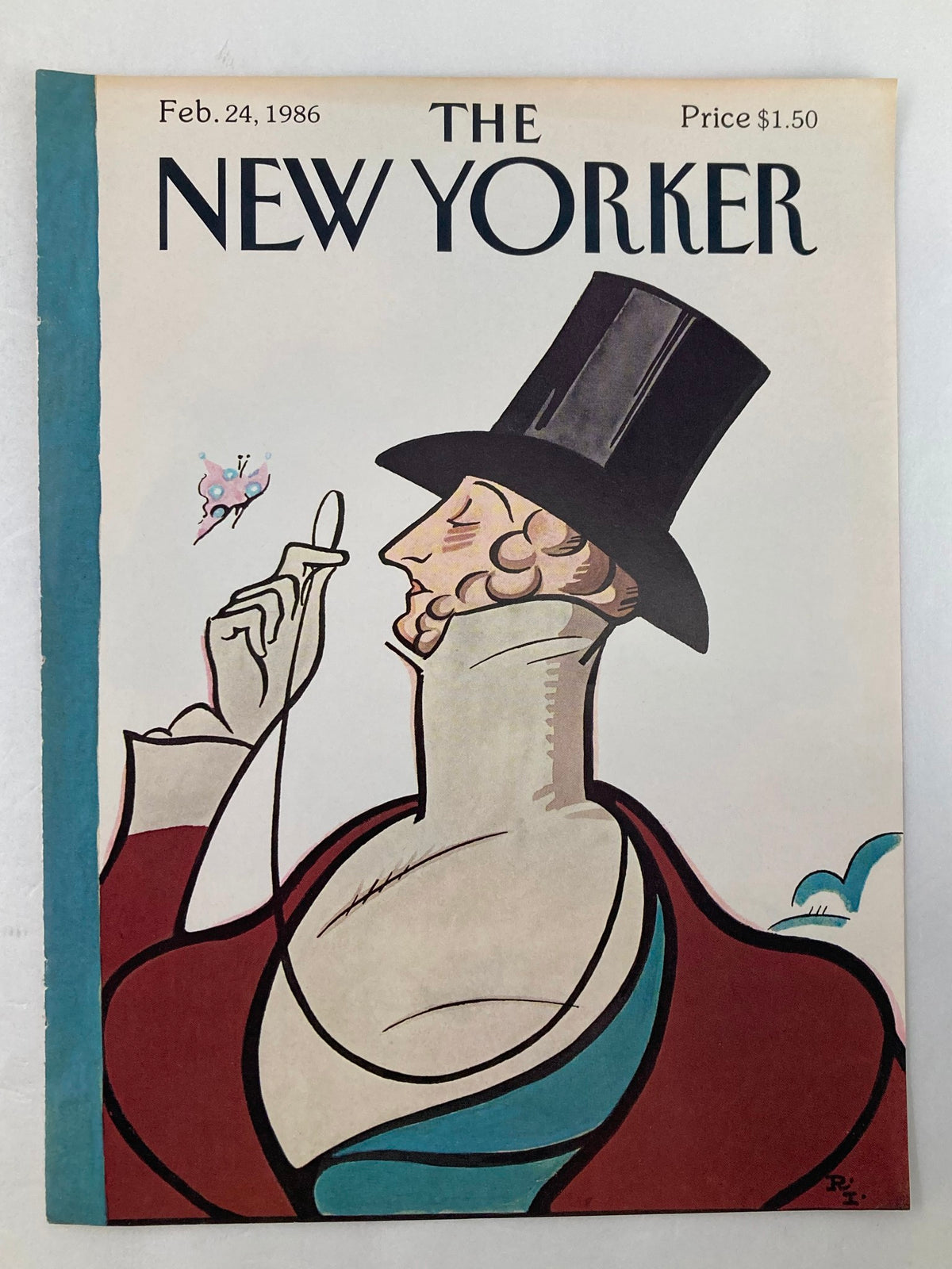 The New Yorker magazine cover, February 24, 1986, illustrated by Rea Irvin, showing a gentleman in a top hat and stylish coat, exuding charm and sophistication.