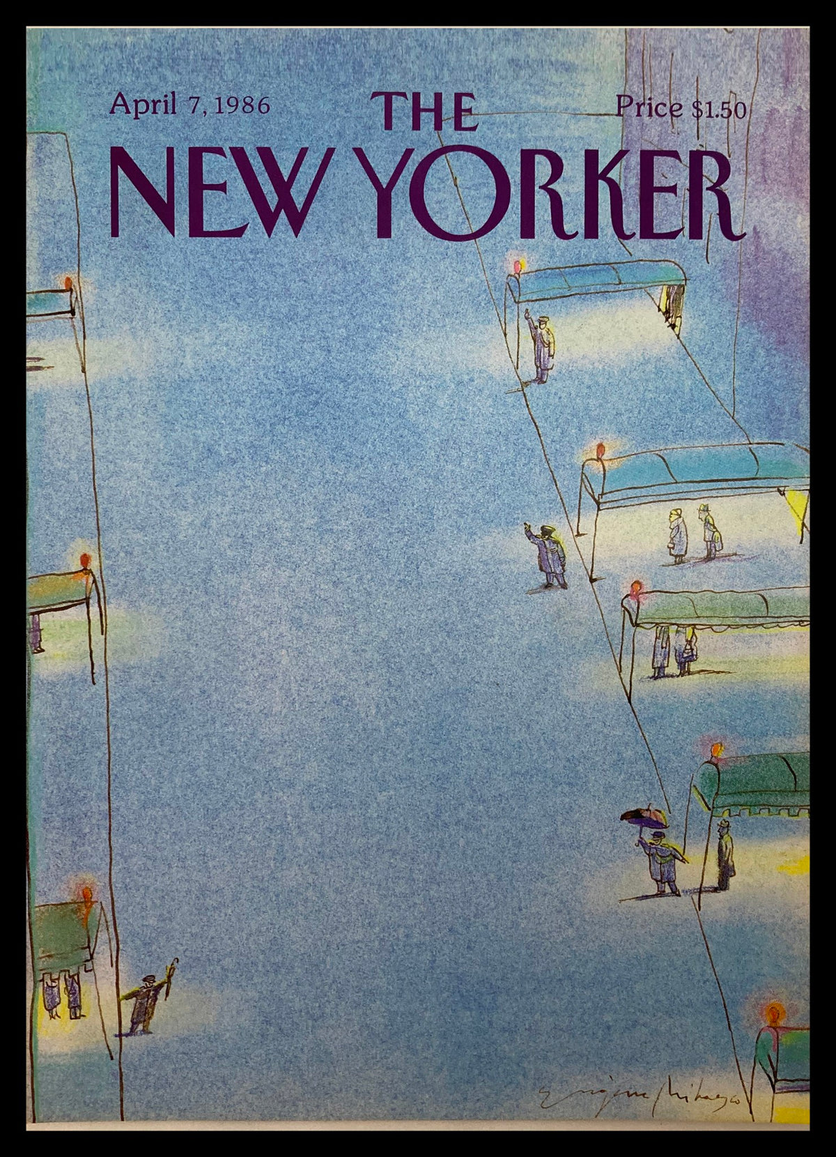 COVER ONLY The New Yorker April 7 1986 Taxi Unavailable by E. Mihaesco featuring an illustrated vintage design with characters waiting by taxis in a cityscape.