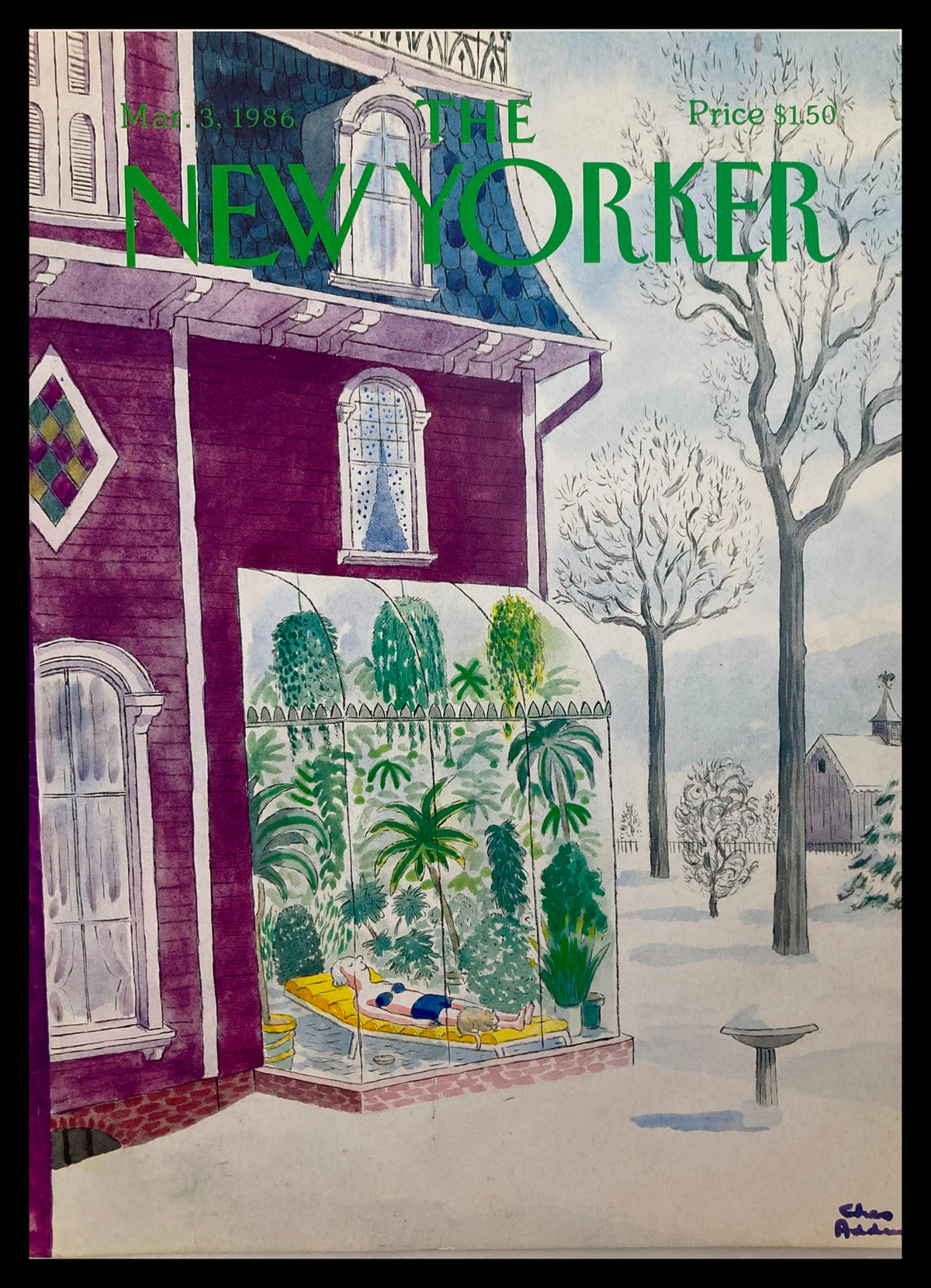 COVER ONLY The New Yorker March 3, 1986 featuring the Green Room illustration by Chas Addams, showcasing a winter scene with plants and a lounging figure.