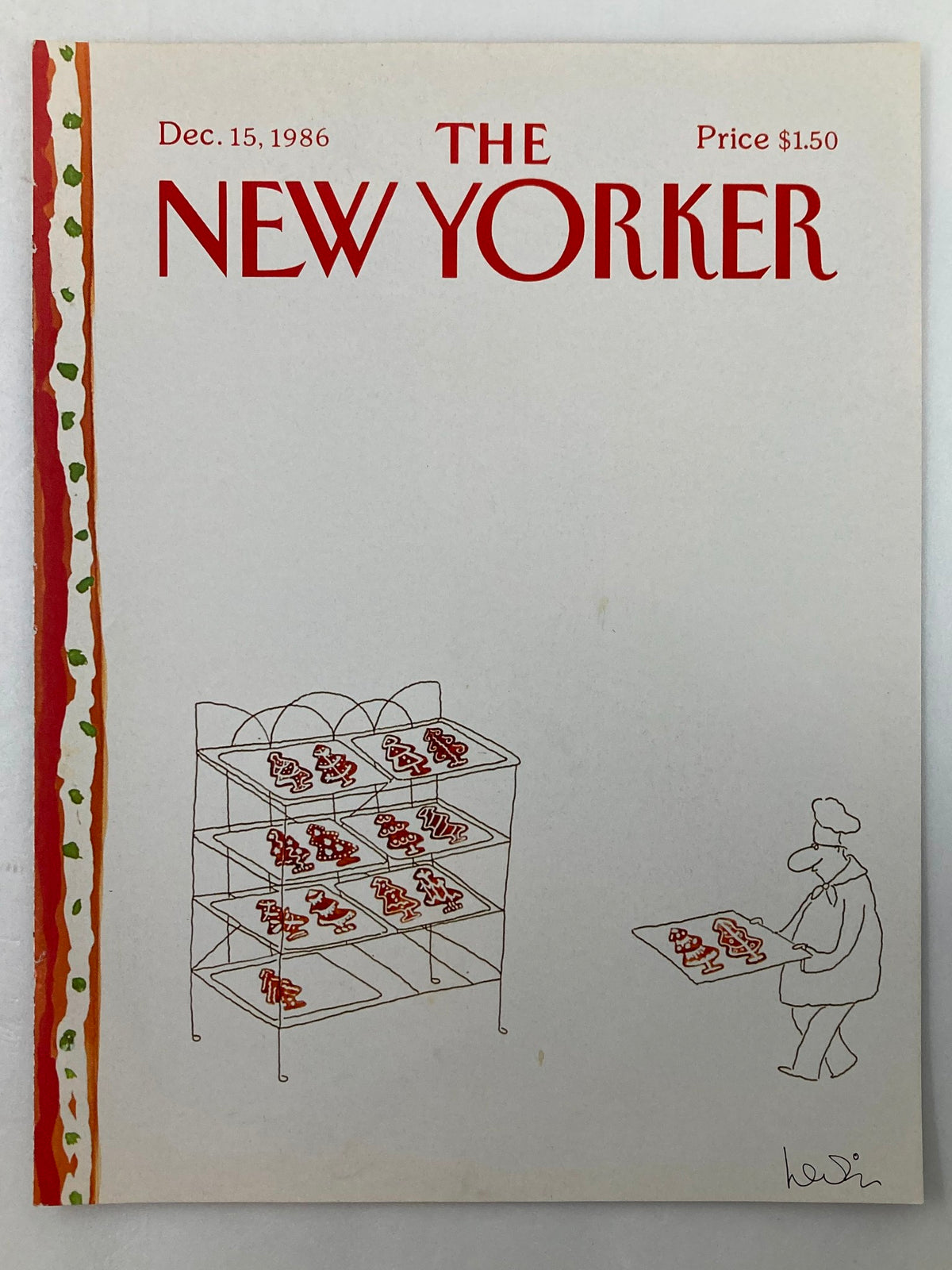 COVER ONLY The New Yorker December 15 1986 showcasing the Candy Tree design by Heidi Goennel, illustrating a chef holding a tray of festive cookies near a display rack.