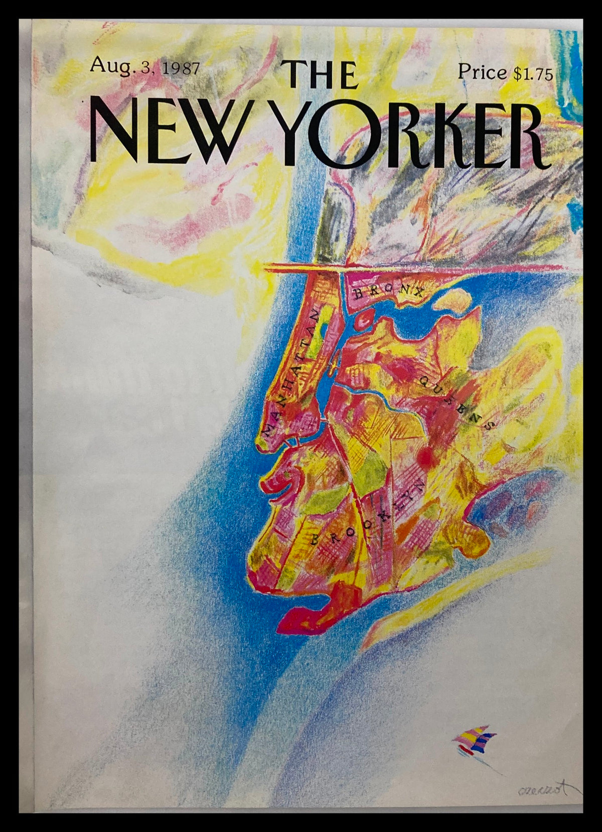 COVER ONLY The New Yorker August 3 1987 New York Map by Czeczot, featuring a vibrant illustration of New York City with colorful accents and details.