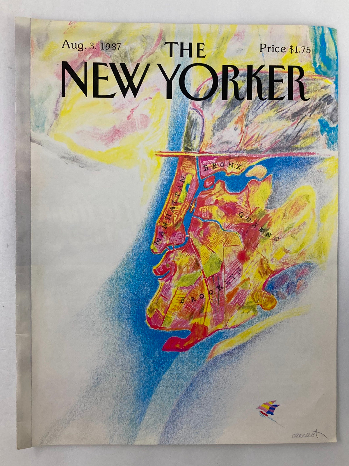 COVER ONLY The New Yorker August 3 1987 New York Map by Czeczot, showcasing a bright artistic rendering of New York with emphasis on its iconic landmarks.