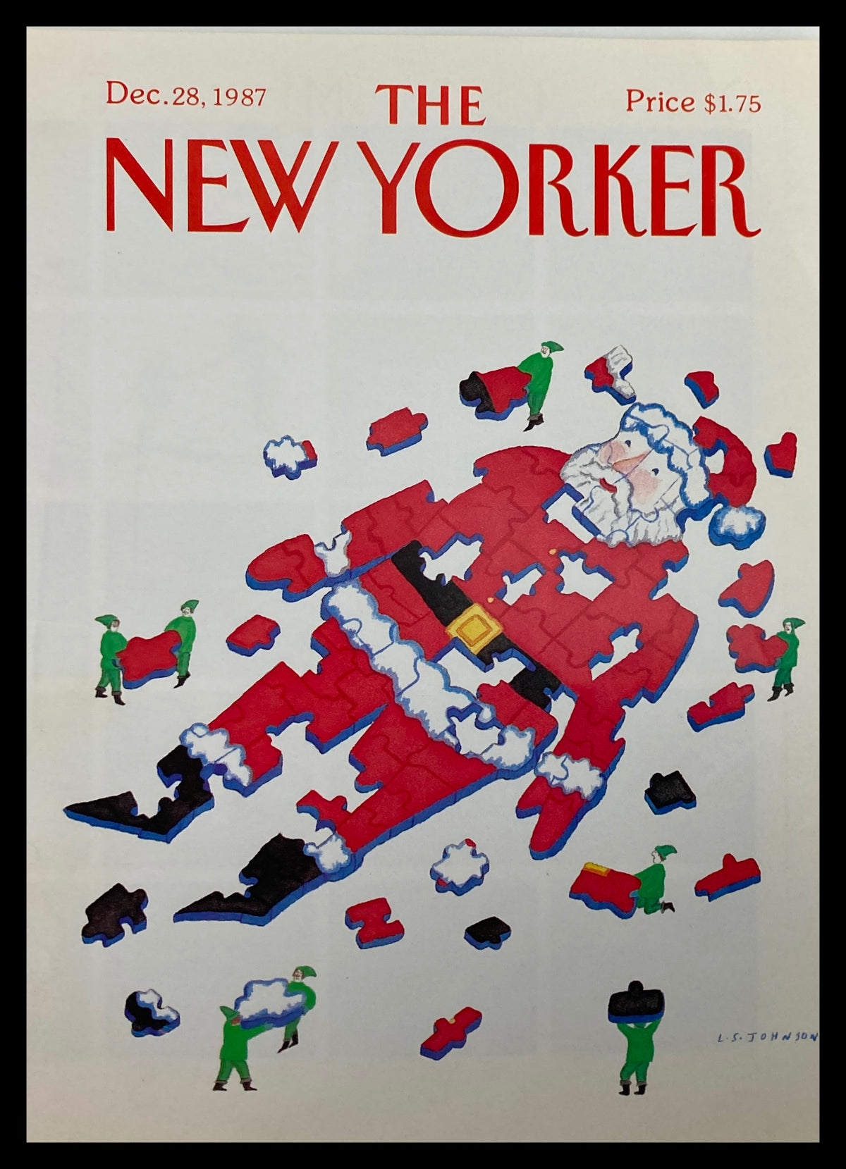The New Yorker December 28 1987 Santa Puzzle cover featuring an illustration of Santa Claus and playful elves, surrounded by puzzle pieces. A unique collectible piece perfect for art and magazine enthusiasts.