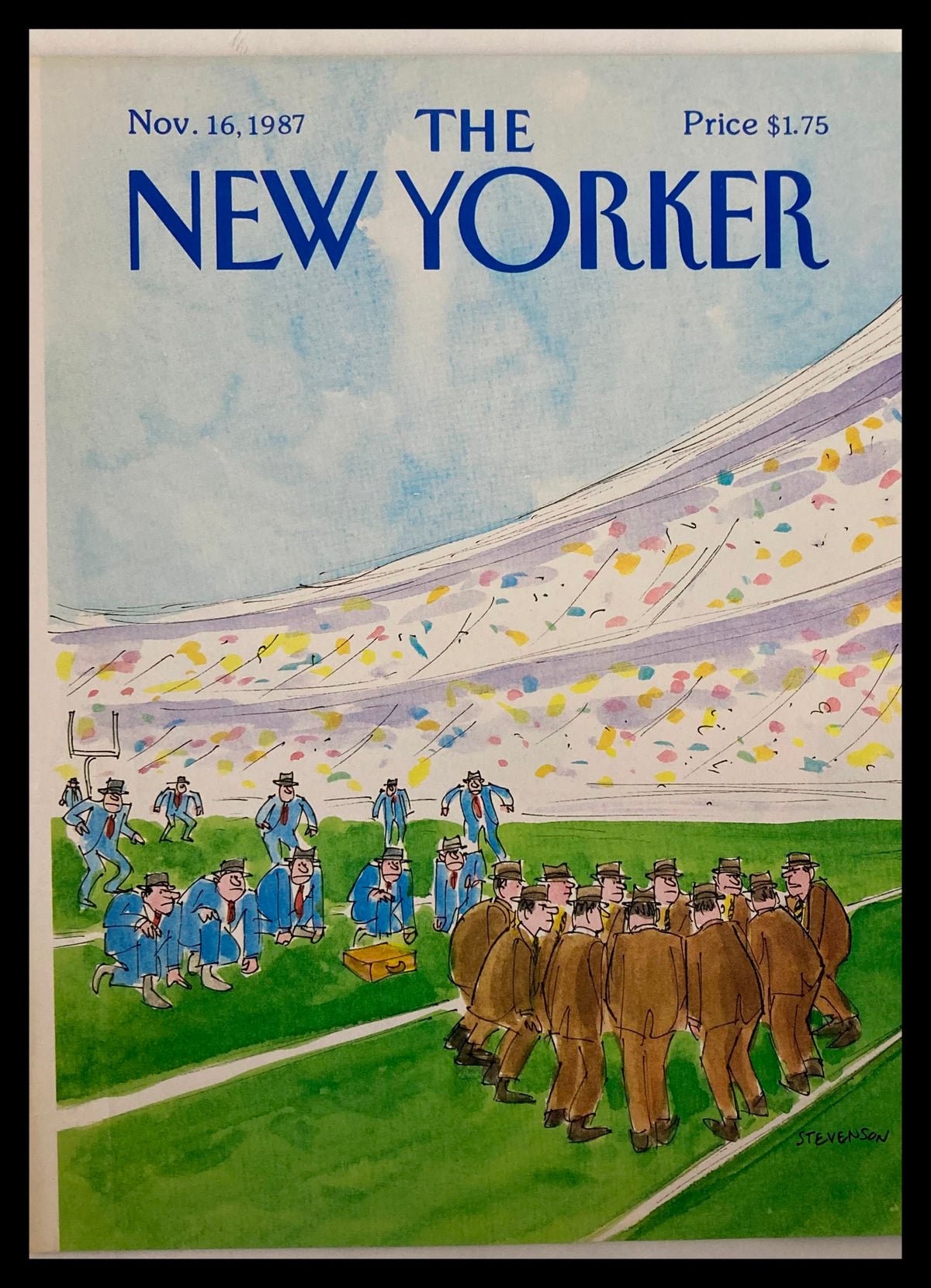 Cover of The New Yorker, November 16, 1987, titled 'Team Plan' by James Stevenson, featuring a humorous illustration of a football scene with men in suits on a football field.