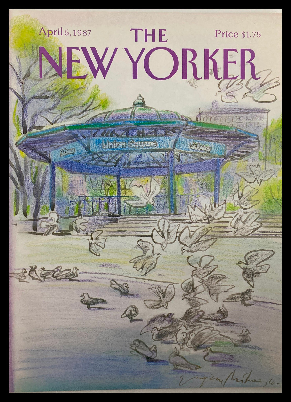Cover of The New Yorker magazine from April 6, 1987, featuring artwork titled 'Union Square' by Eugene Mihaesco, depicting a gazebo surrounded by birds in a vibrant urban park scene.