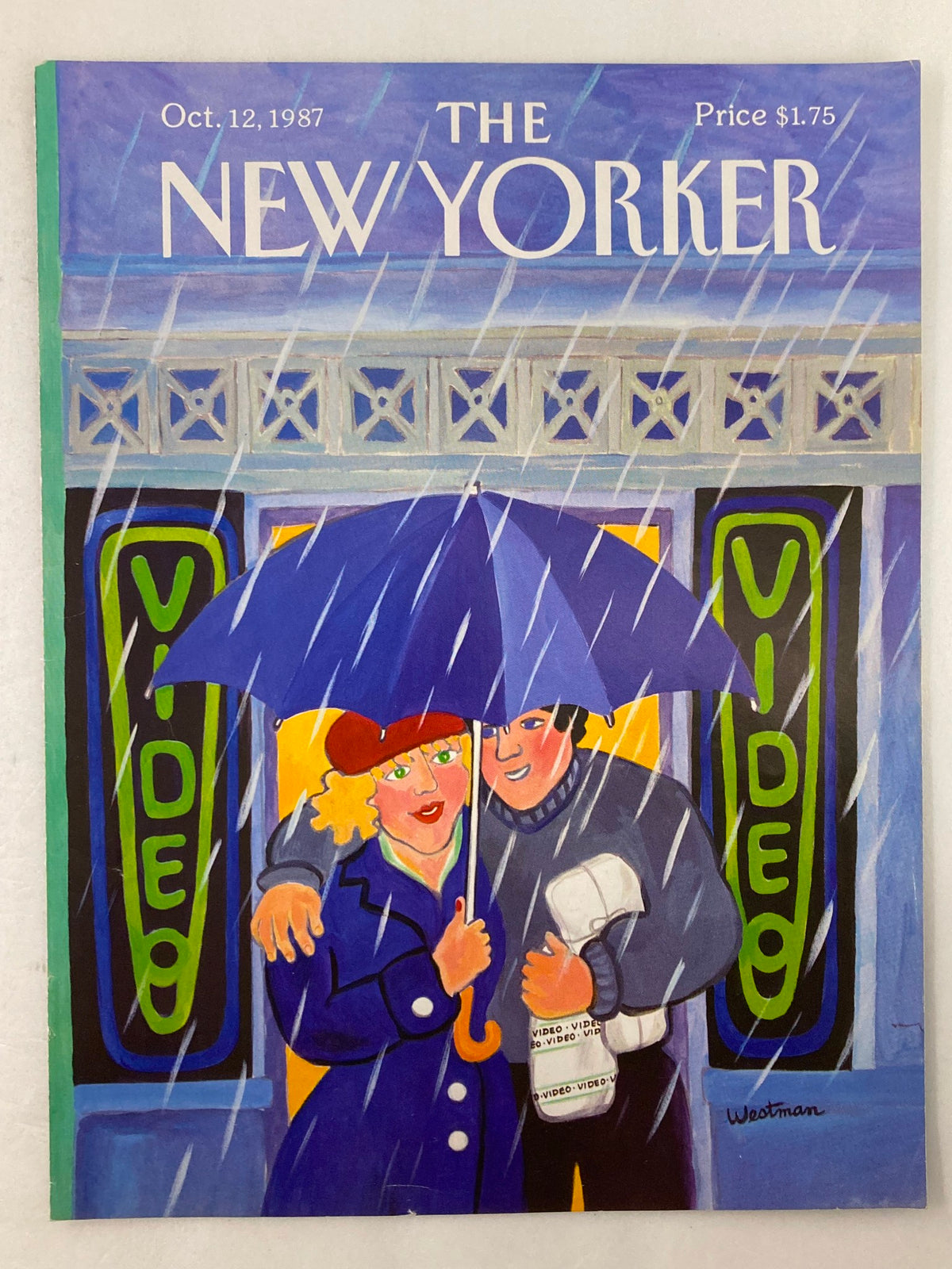 The New Yorker magazine cover from October 12, 1987, showcasing the artwork 'Video Couple' by Barbara W., illustrating a couple sharing an umbrella in a rainy setting outside a video store.
