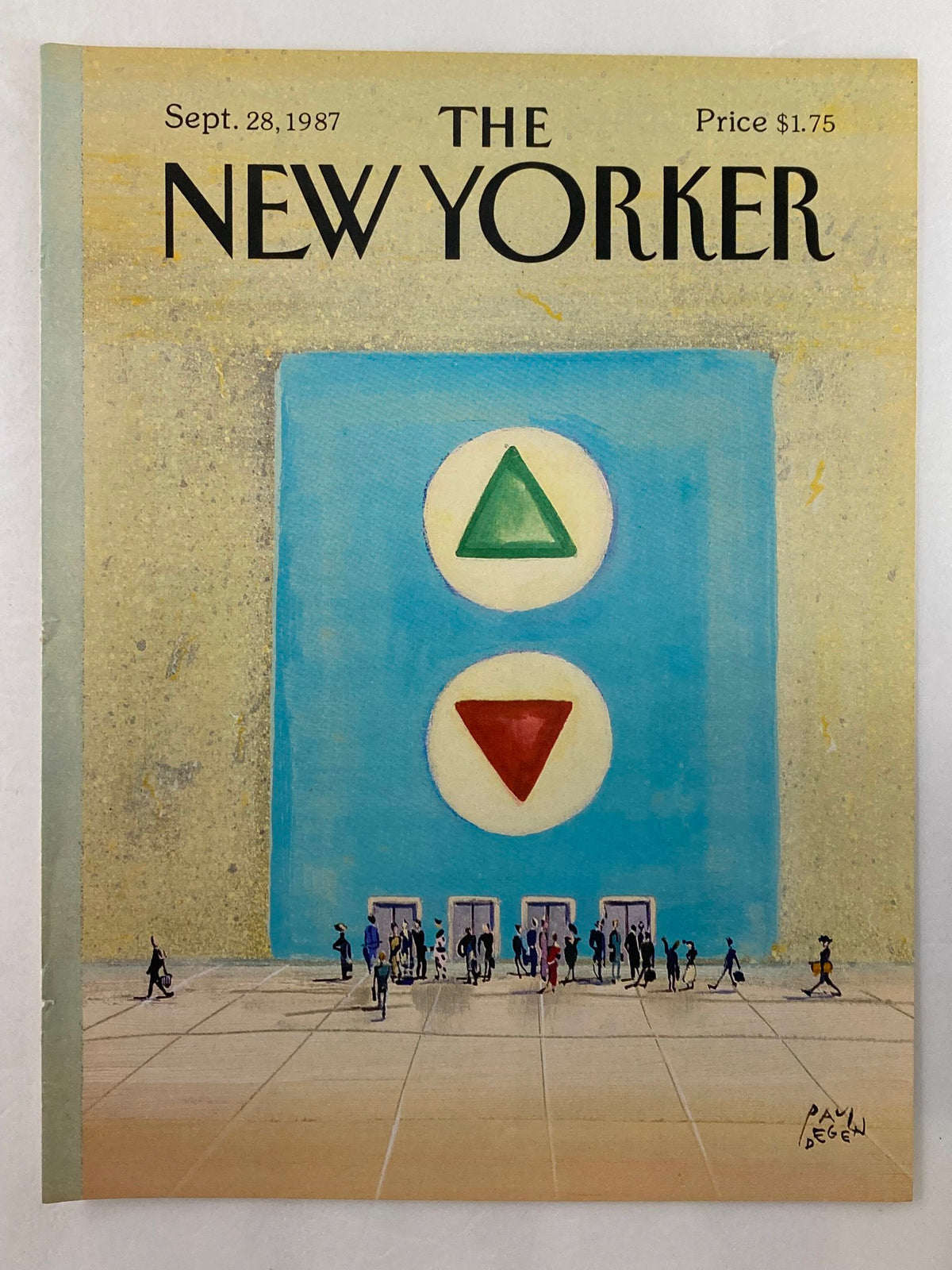 The New Yorker cover from September 28, 1987, showcasing the artwork 'Going Up' by Paul Degen, highlighting colorful geometric shapes and a street scene.