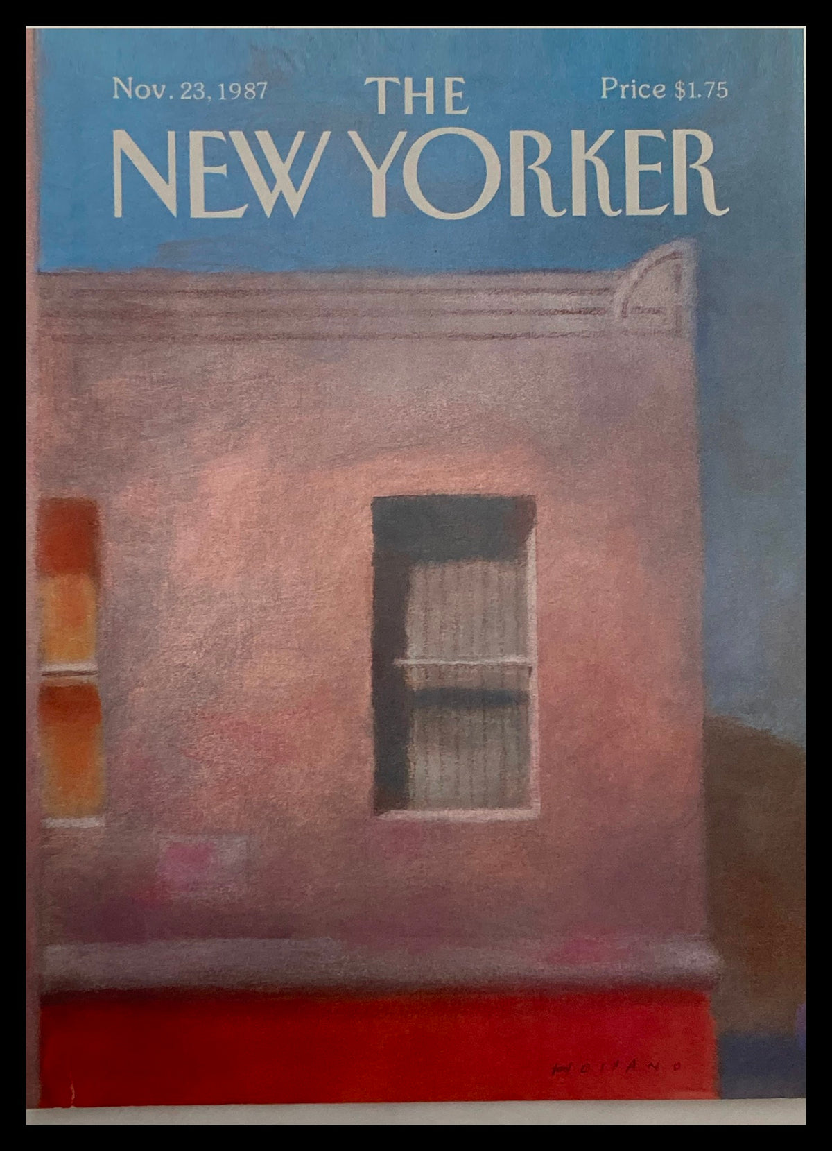 Cover of The New Yorker magazine from November 23, 1987, featuring artwork titled 'The Window' by Brad Holland, showcasing a vintage style with a muted color palette and a depiction of a building facade with a window.