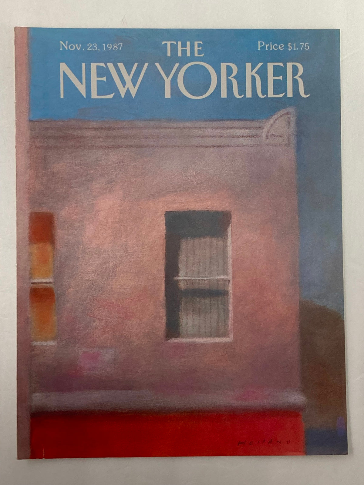 Cover of The New Yorker, November 23, 1987, featuring 'The Window' by Brad Holland, showcasing a stylized view of a building with a window, perfect for art collectors.