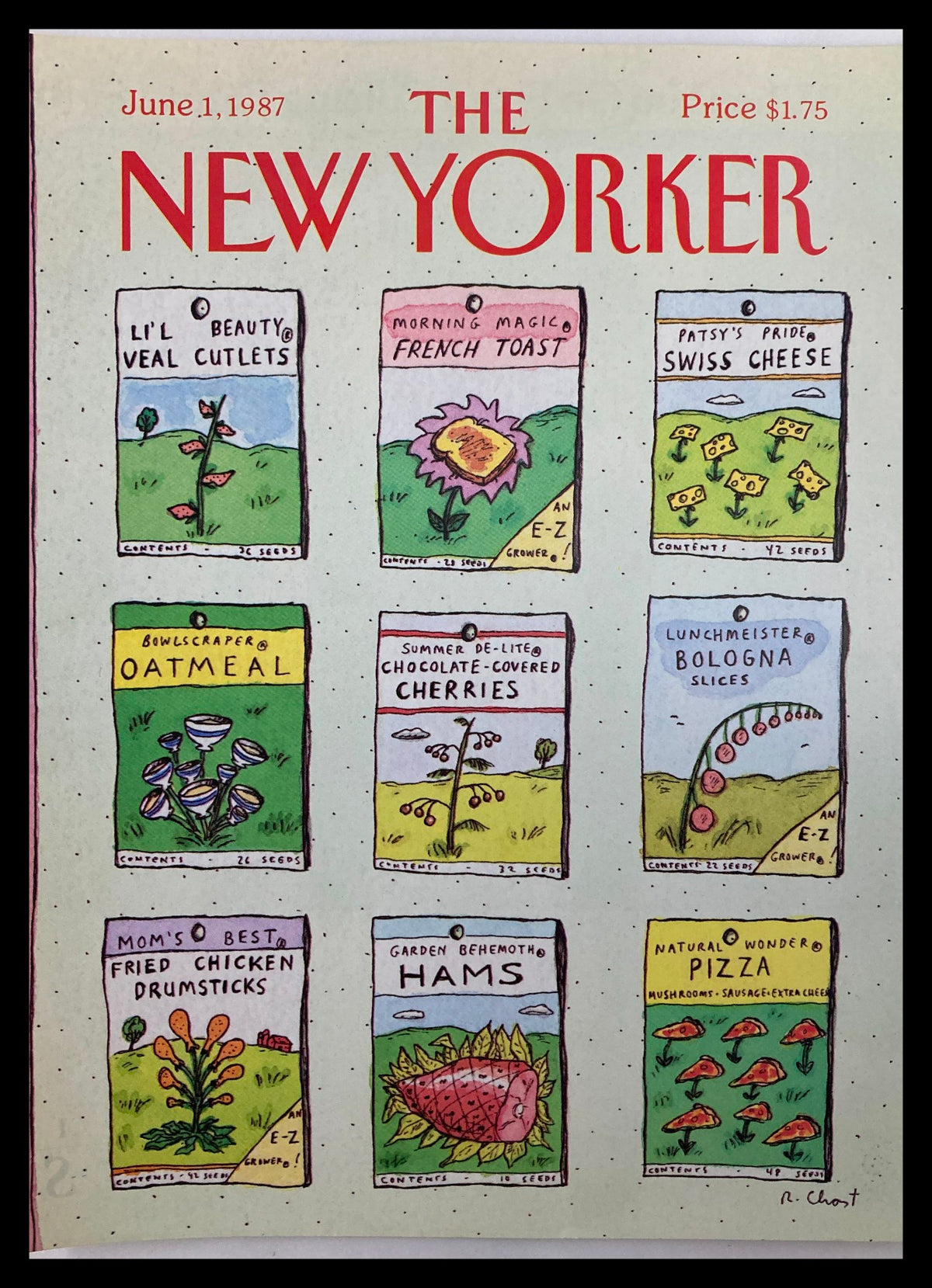 COVER ONLY The New Yorker June 1 1987 Pack of Seeds by Roz Chast, featuring whimsical illustrated seed packets for various humorous food items including veal cutlets, French toast, and Swiss cheese.